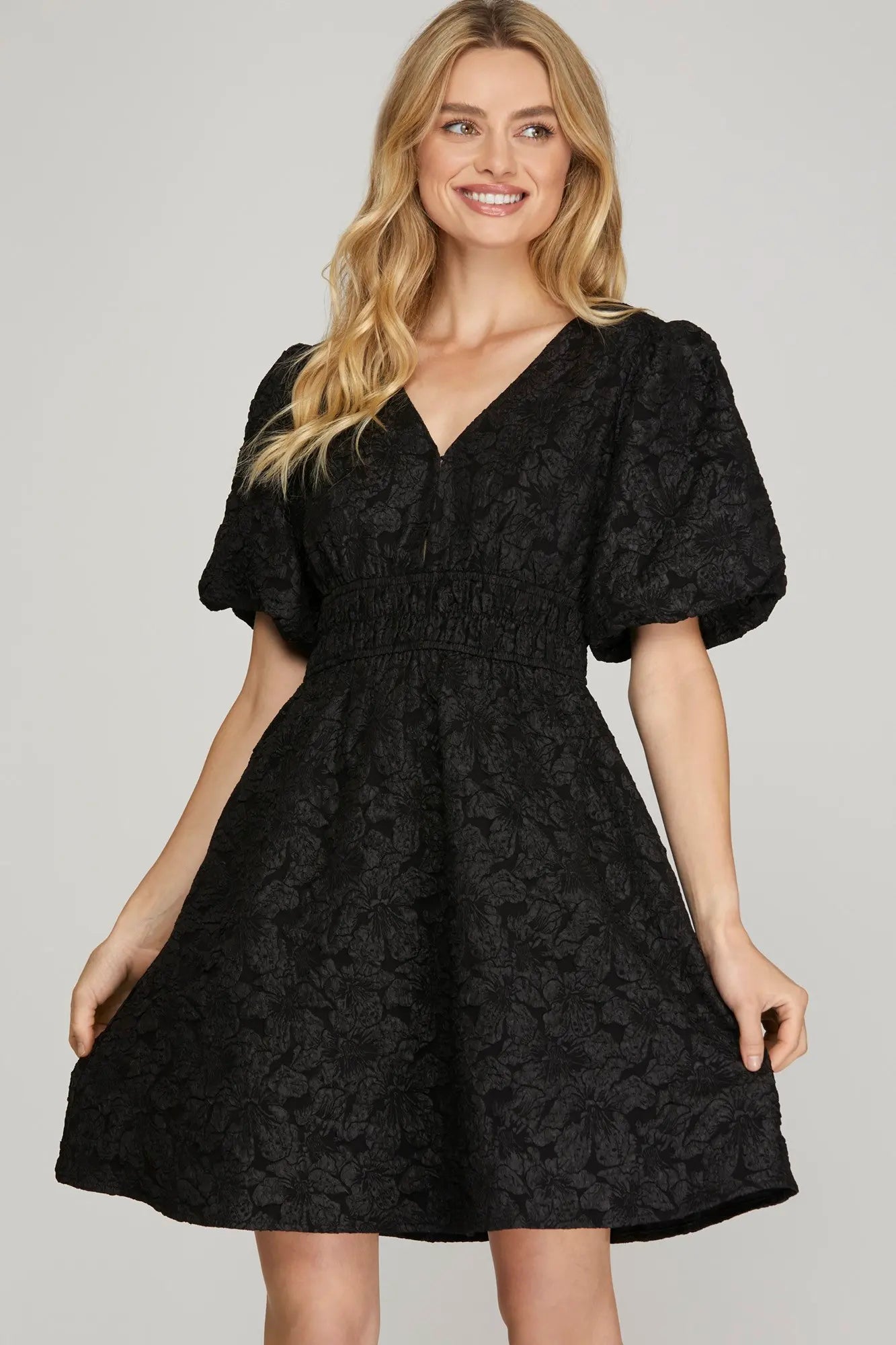 Elegant Black Jacquard Print Dress