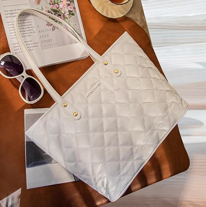 Montana West Quilted Tote Purse-White