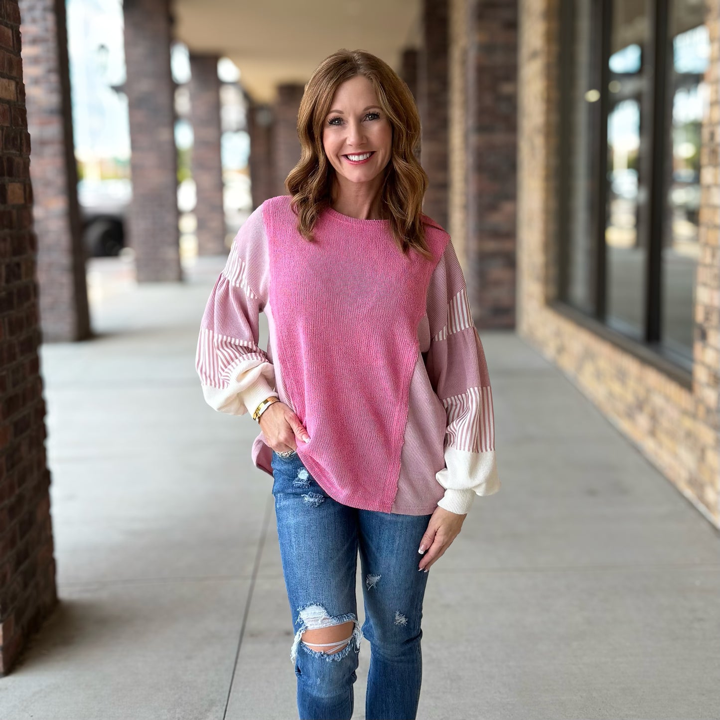 Pink Color Block Long Sleeve Top