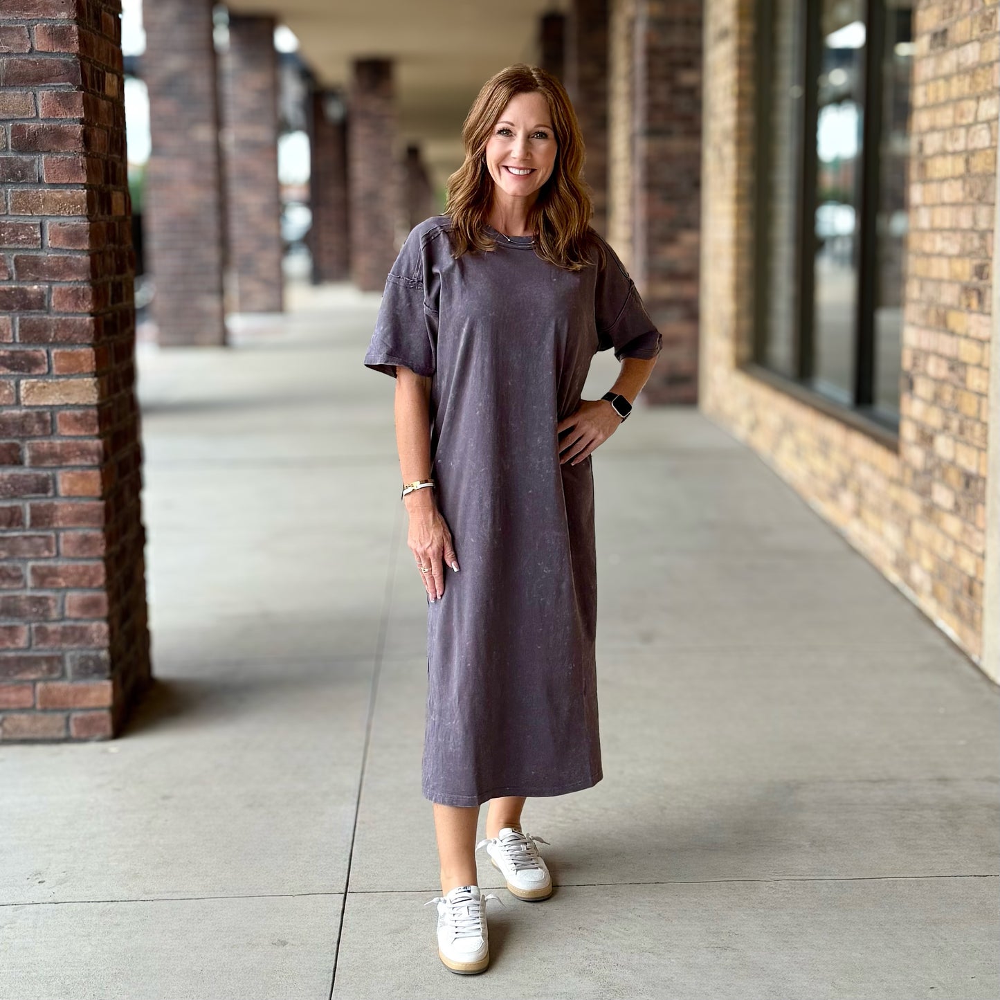 Mineral Washed Casual Midi Dress