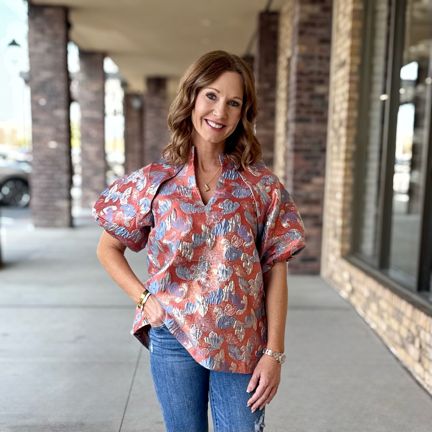 Umgee Jacquard Floral Blouse