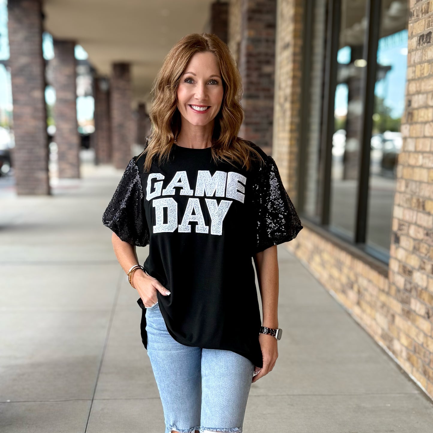Game Day Sequin Bubble Sleeve Top-Black