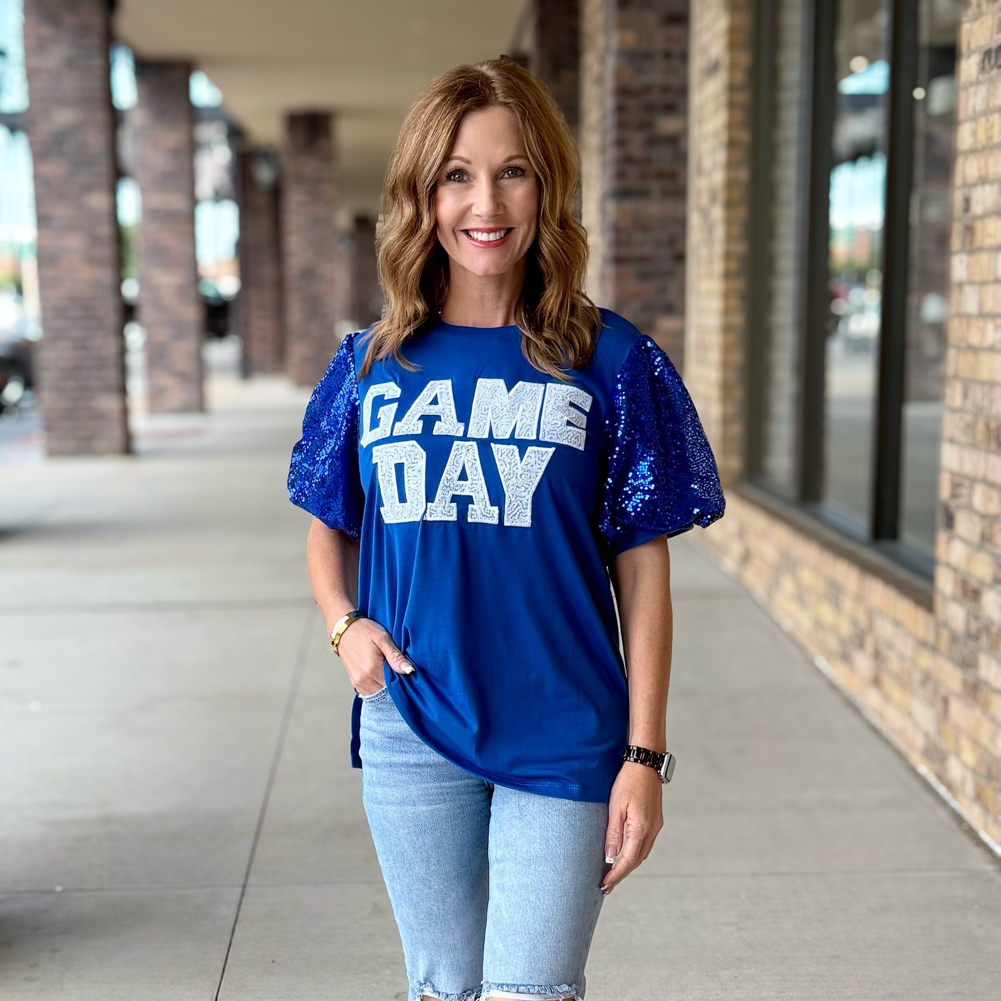 Game Day Sequin Bubble Sleeve Top-Royal Blue