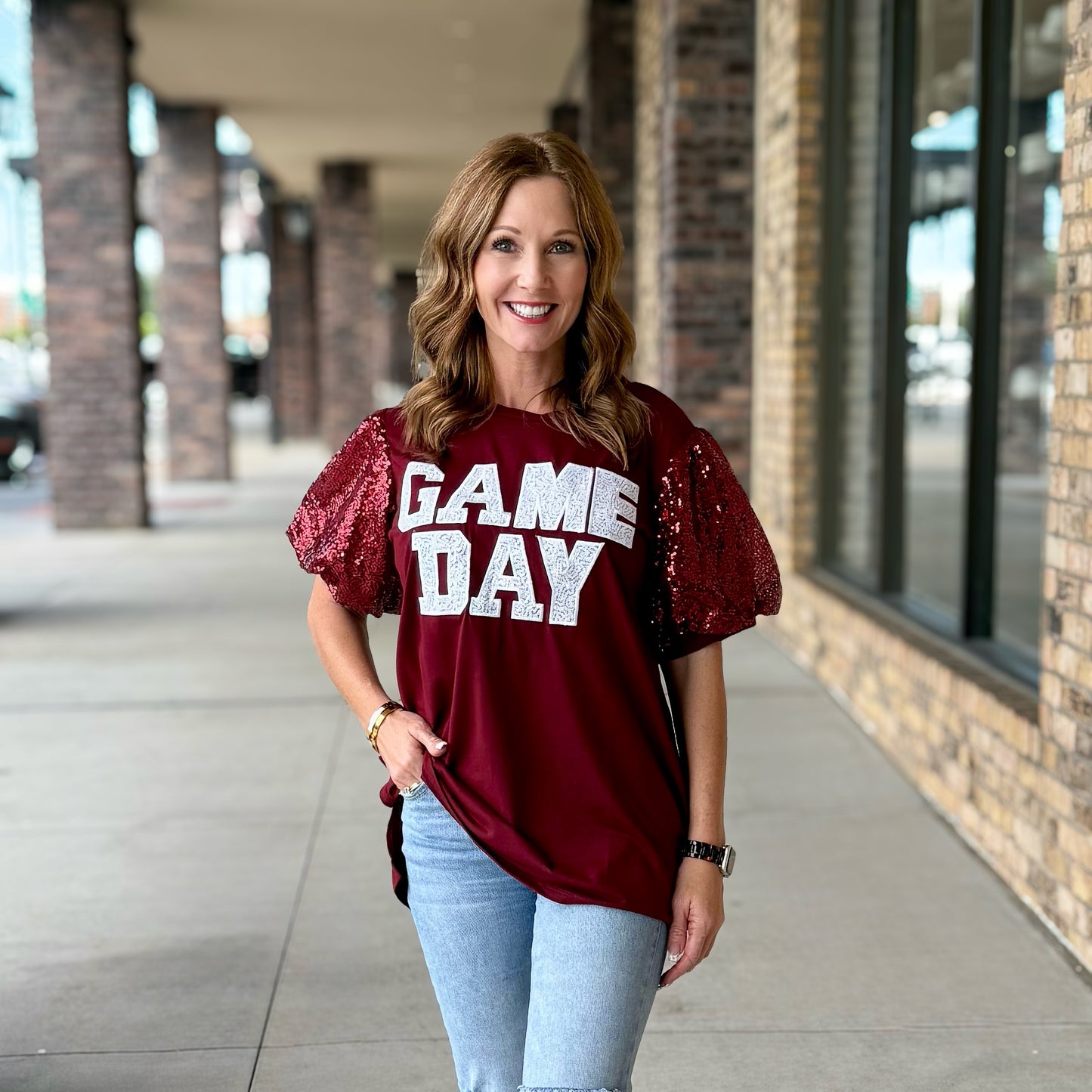 Game Day Sequin Bubble Sleeve-Maroon