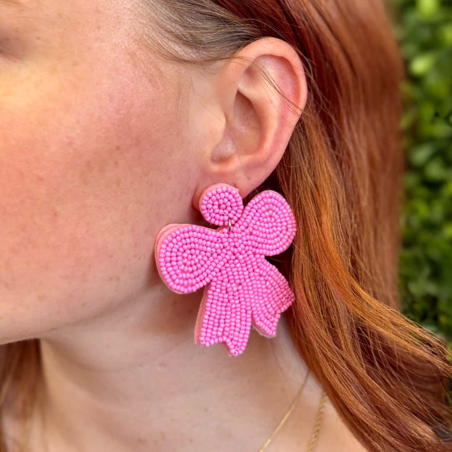 Pink Beaded Bow Earring