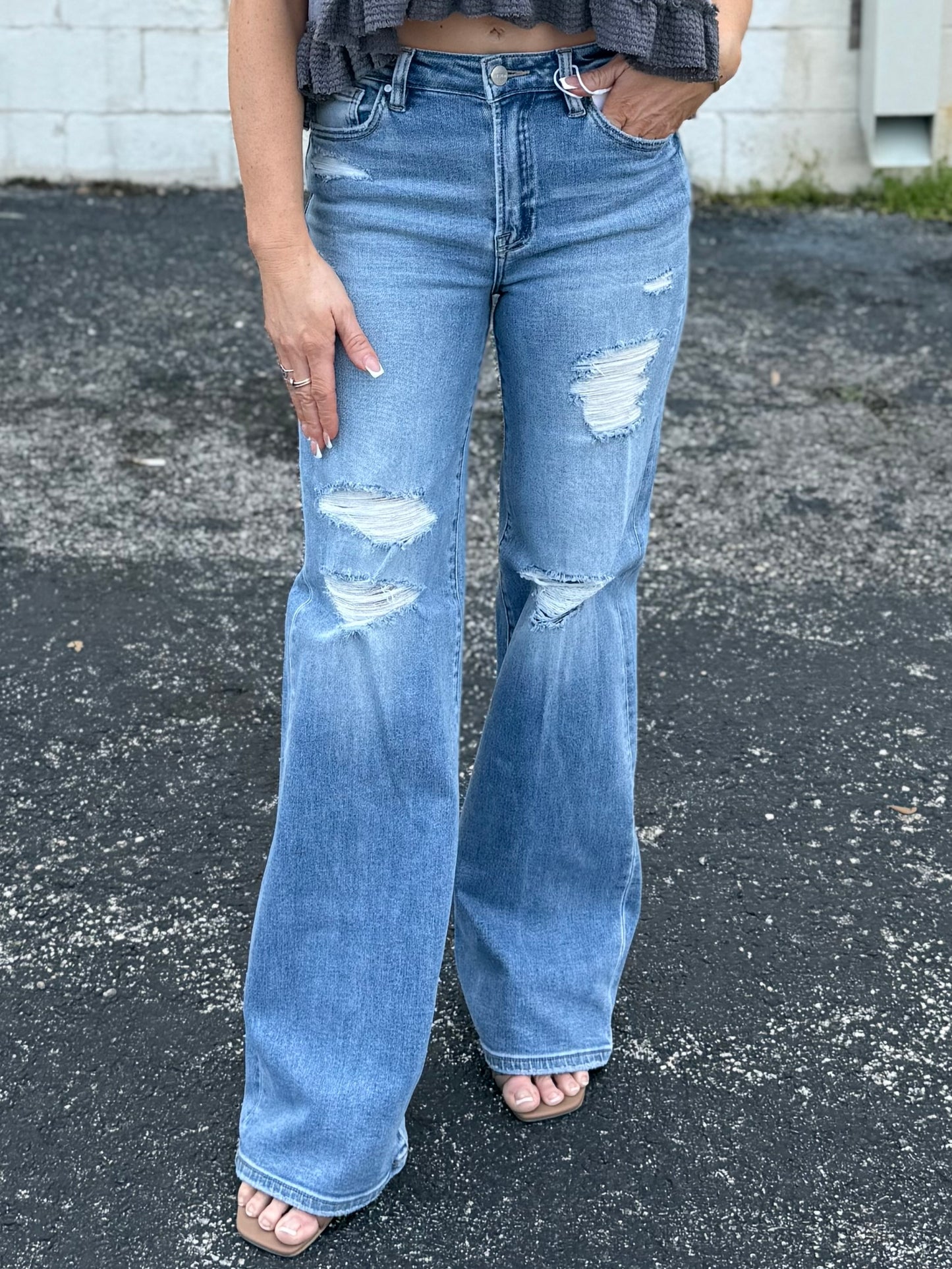 Risen High Rise Wide Heavy Distressed Jean