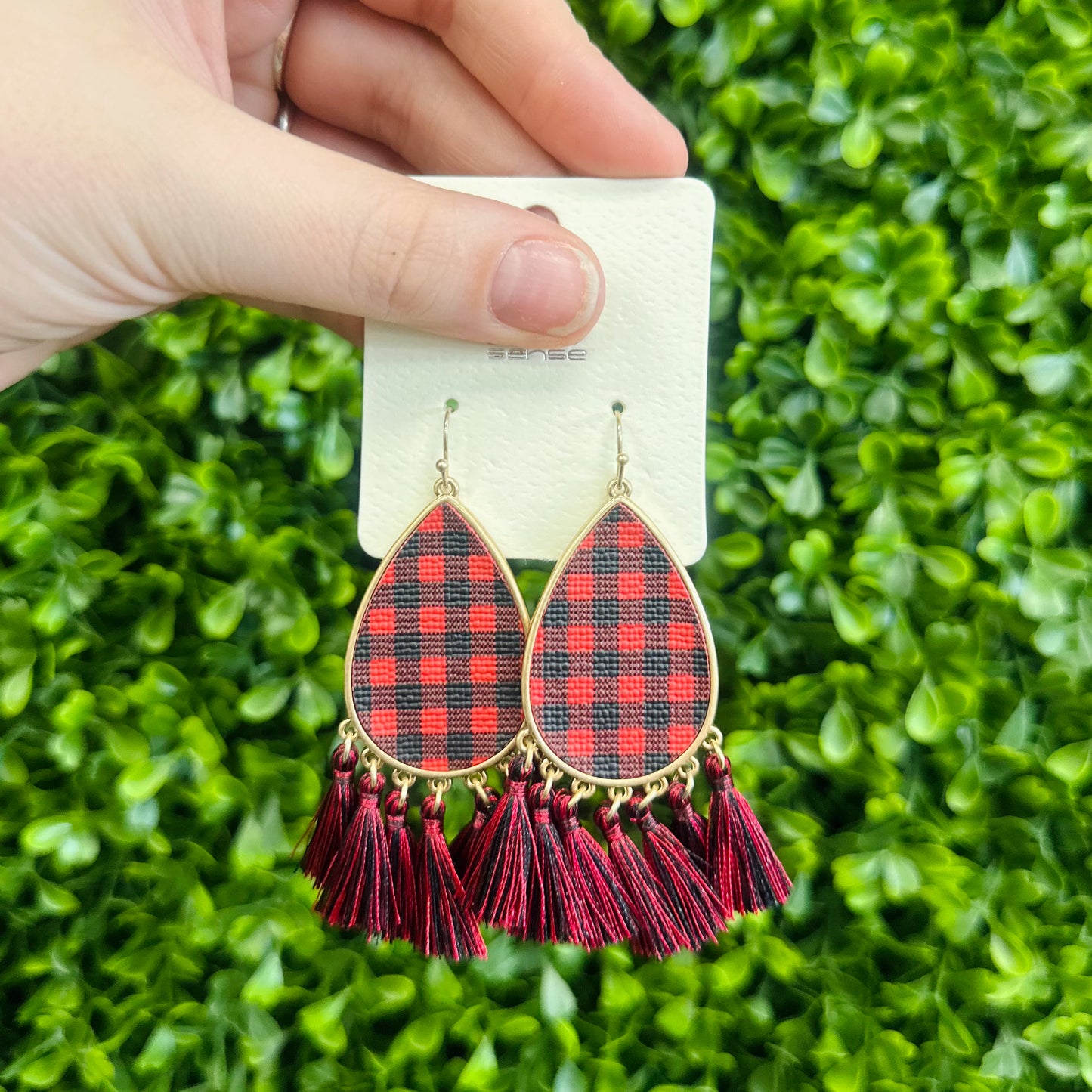 Red Plaid Tassel Earrings