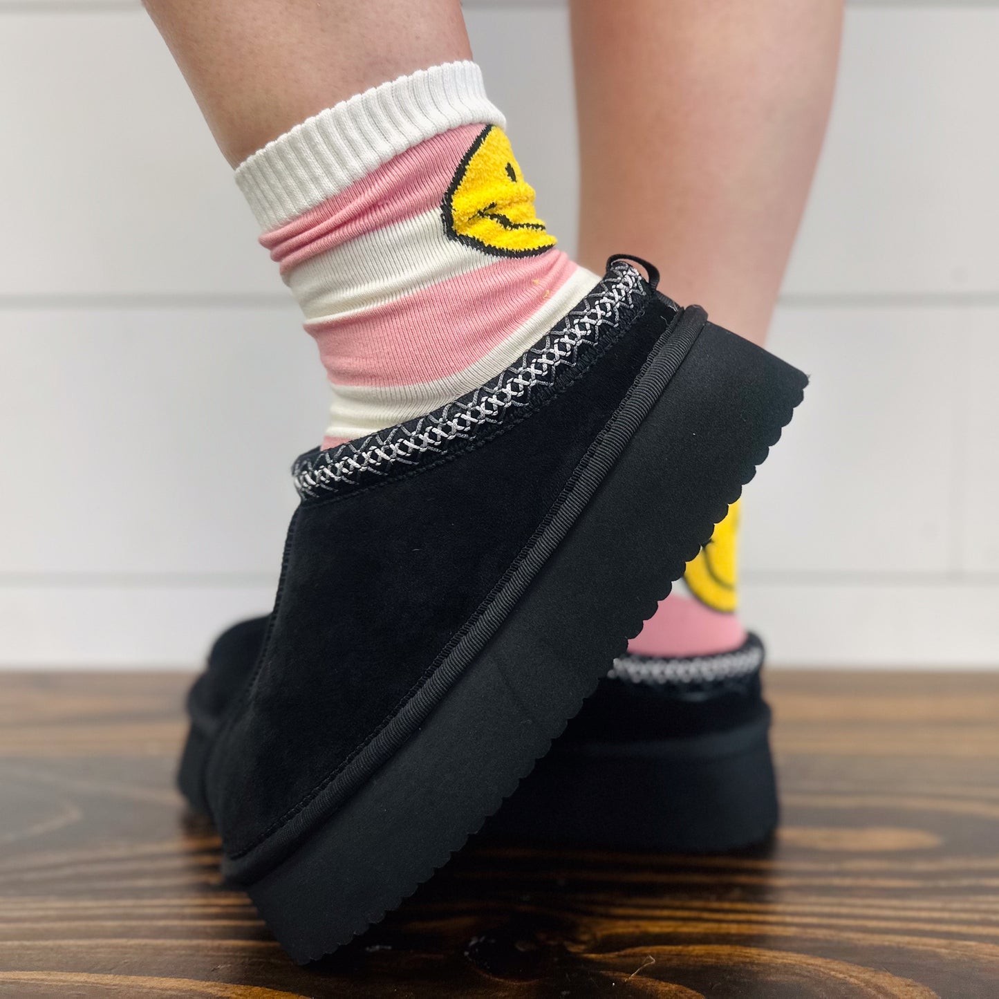 Pink and Blue Striped Smiley Face Socks