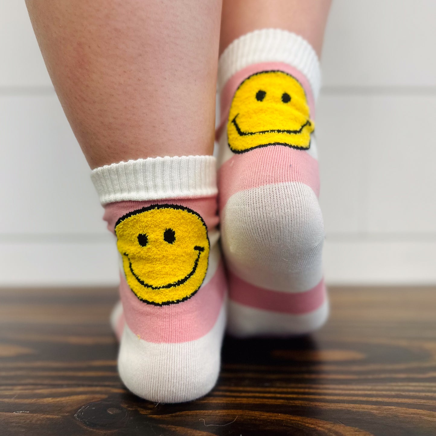 Pink and Blue Striped Smiley Face Socks
