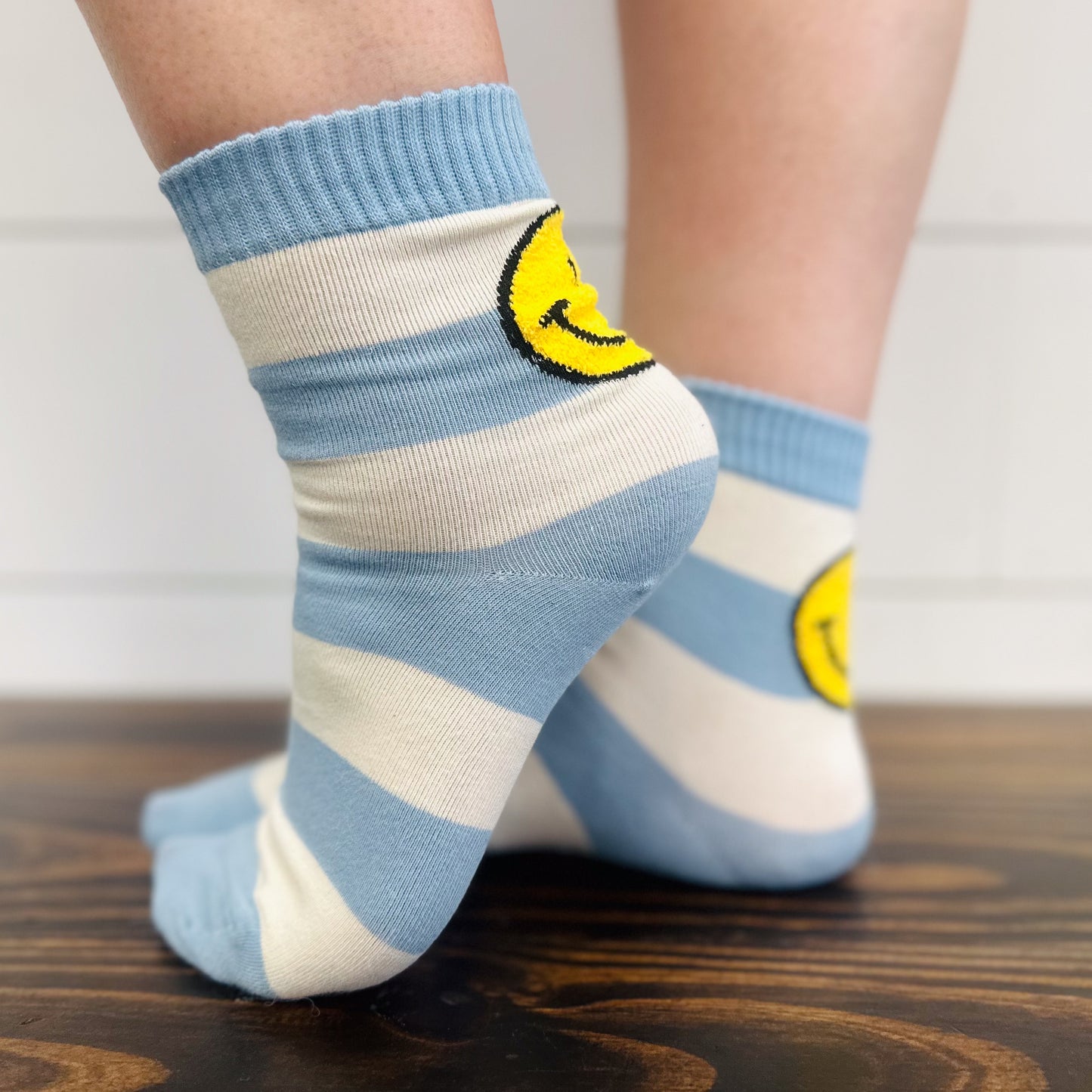 Pink and Blue Striped Smiley Face Socks