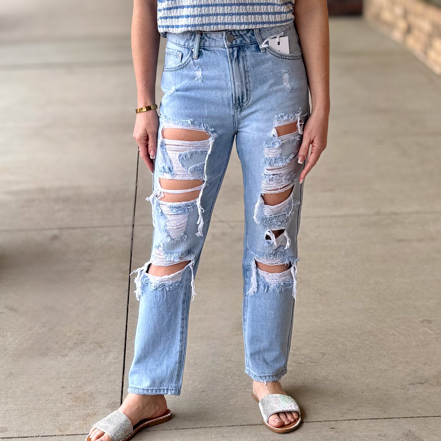 Risen High Rise Crop Distressed Straight Jeans