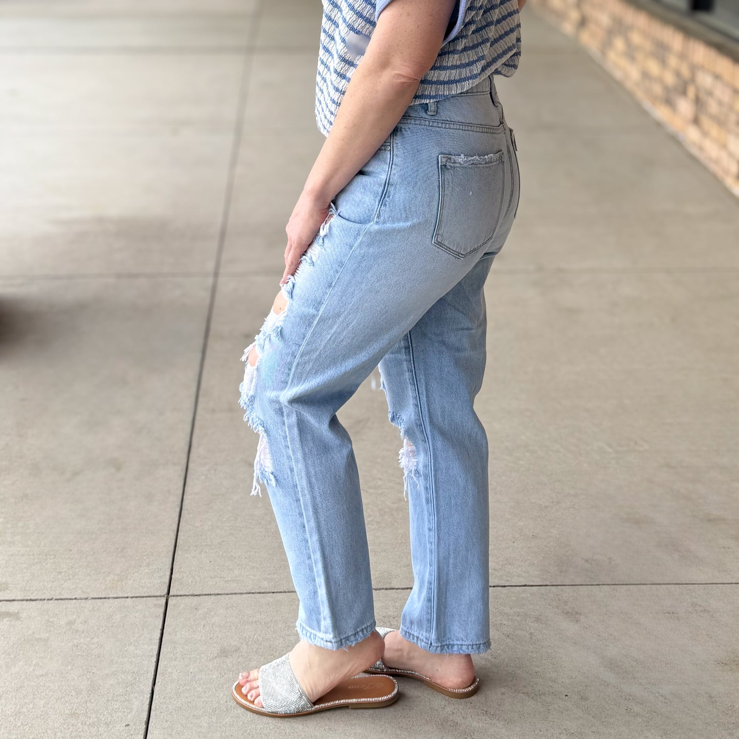 Risen High Rise Crop Distressed Straight Jeans