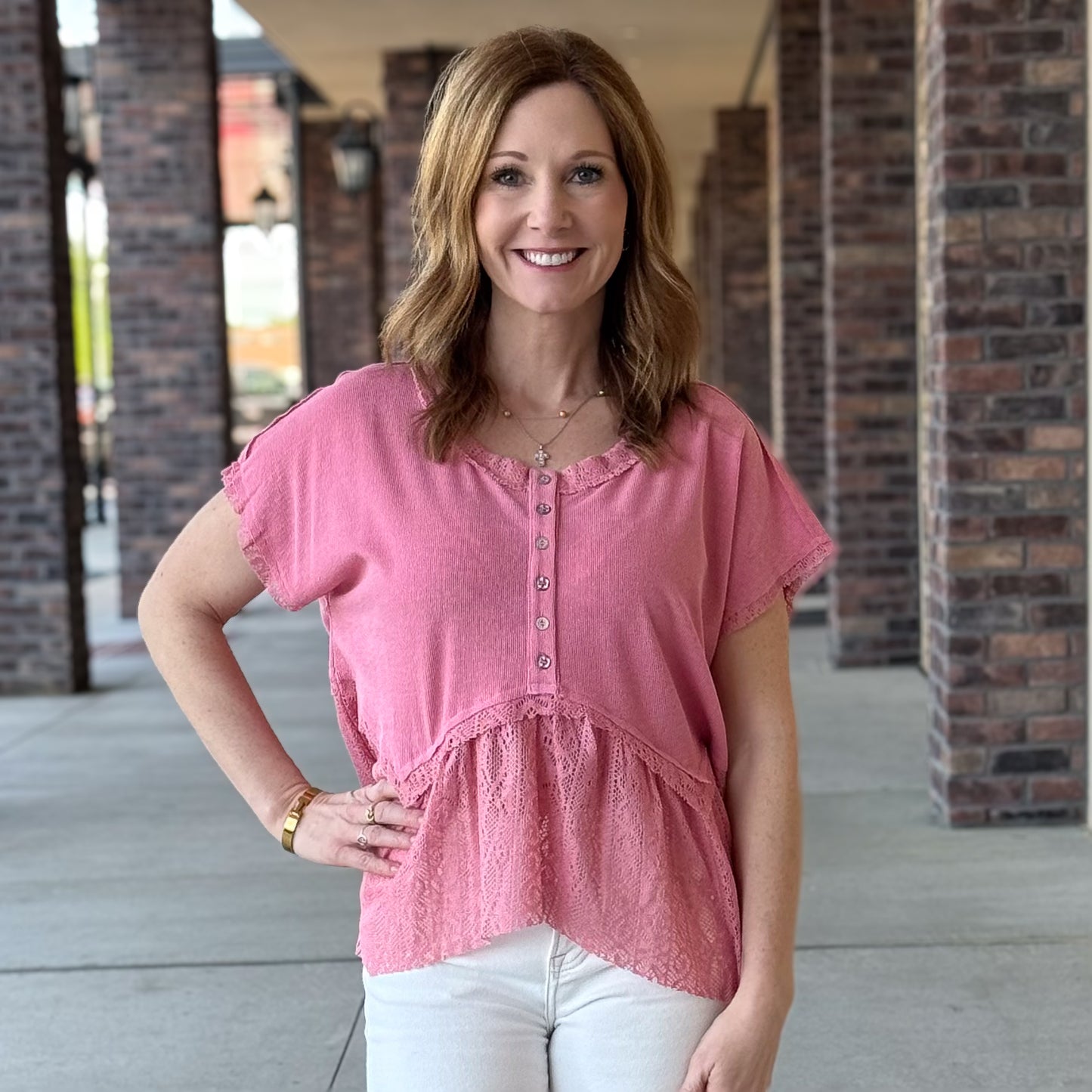 Crochet Contrast Knit Top-Pink
