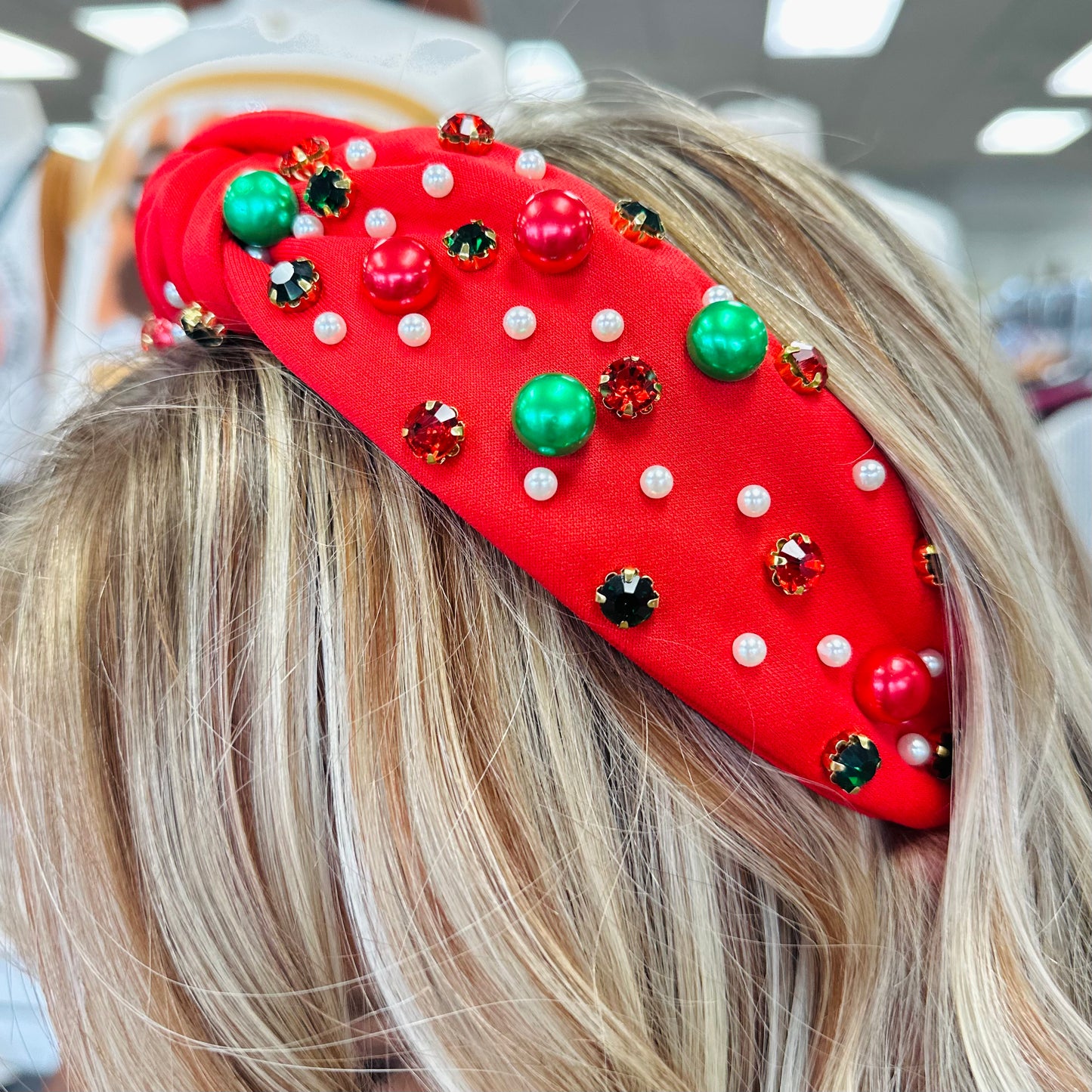 Christmas Pearl & Rhinestone Headband (Red & Green)
