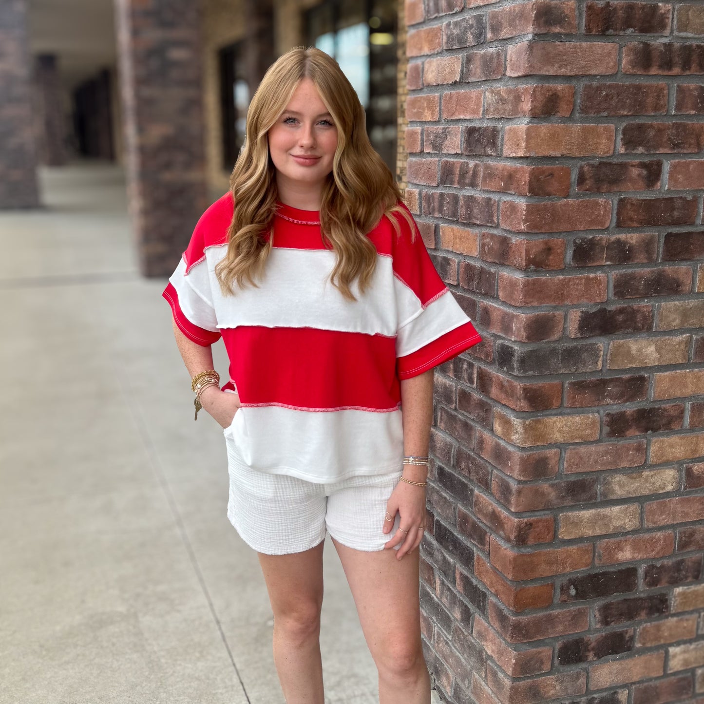 Red & White Color Block Top