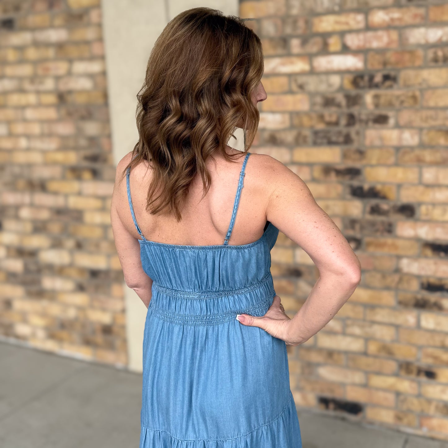 Chambray Sleeveless Tiered Maxi Dress