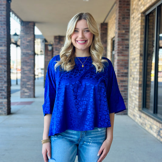 Blue and Pink Metallic Leopard Blouse