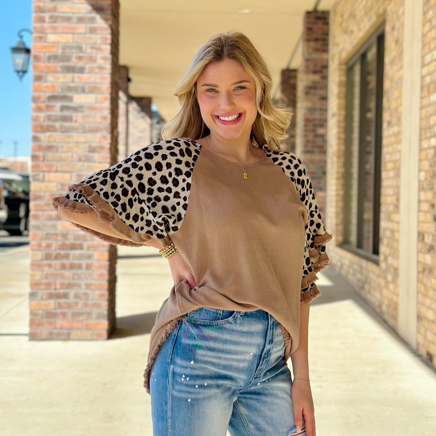 Umgee Laying by the Shore Leopard Ruffle Sleeve Top