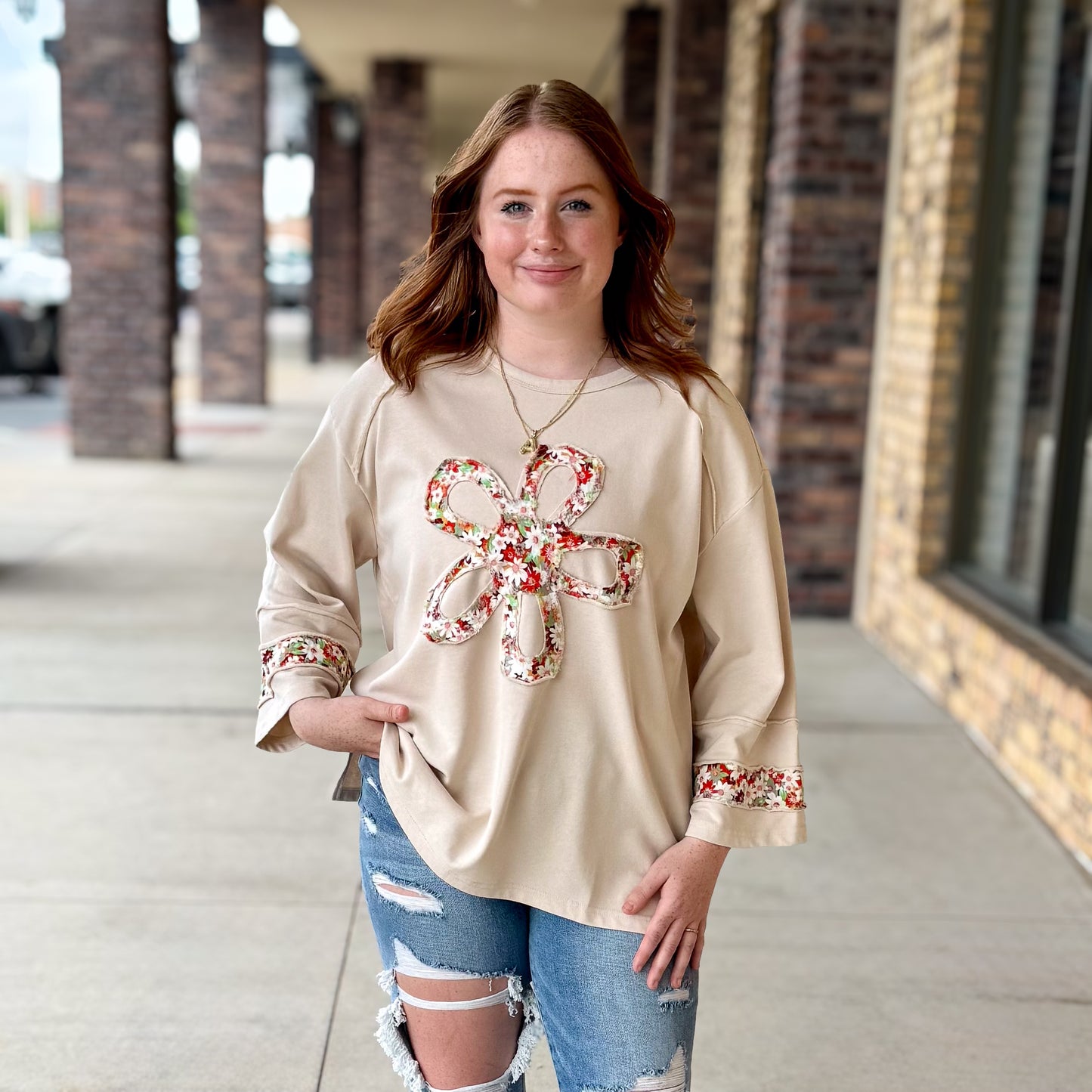 Flower Patch Front Terry Knit Top