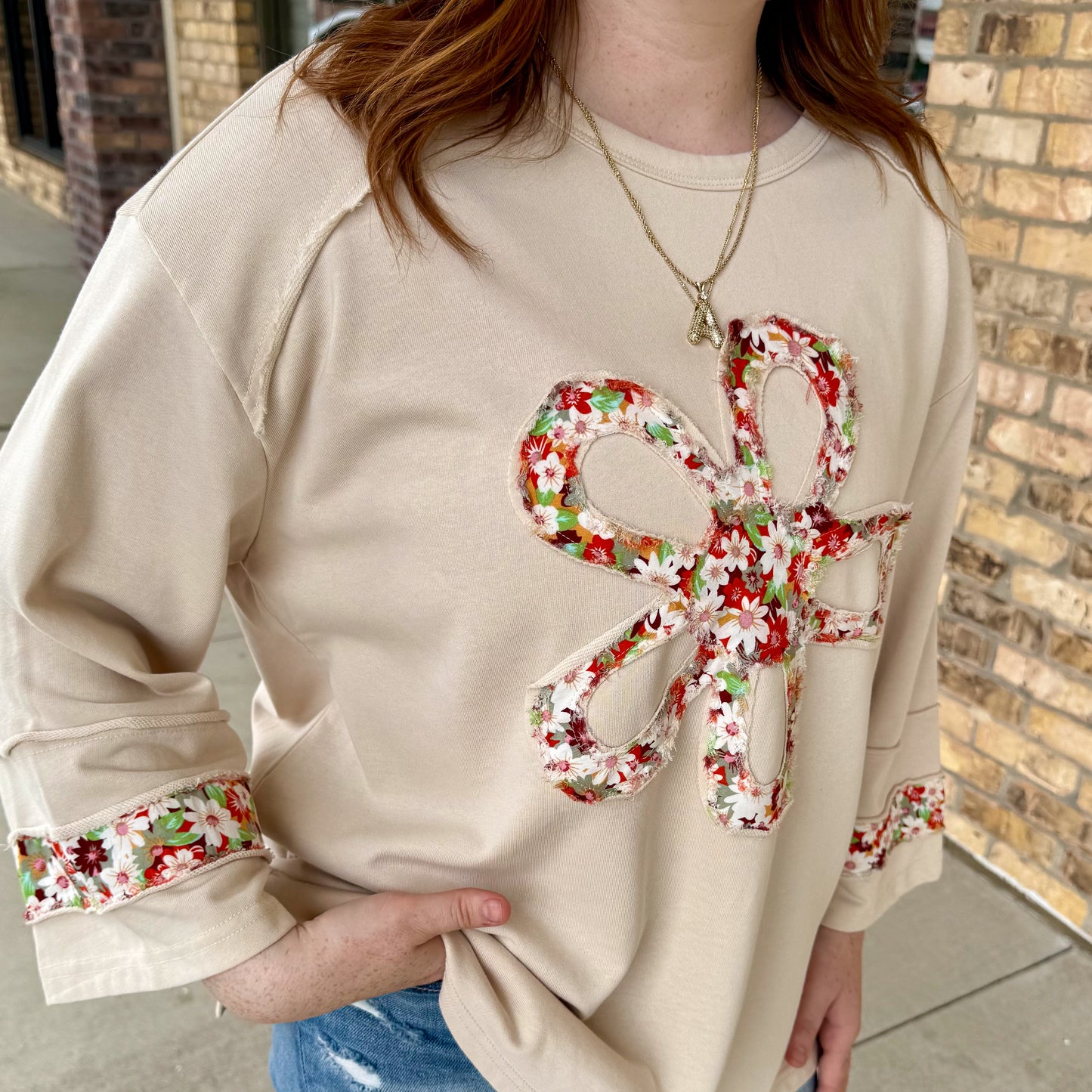 Flower Patch Front Terry Knit Top