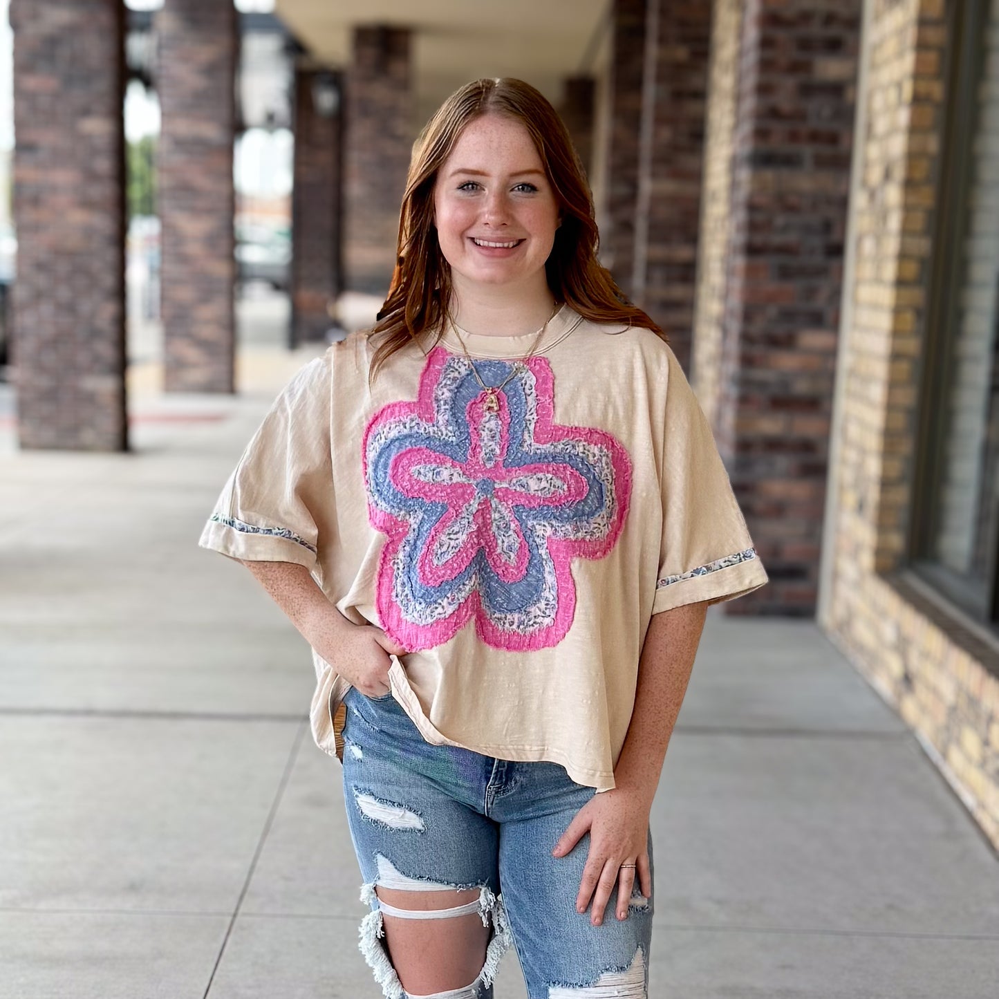 Pink Flower Patch Slub Top