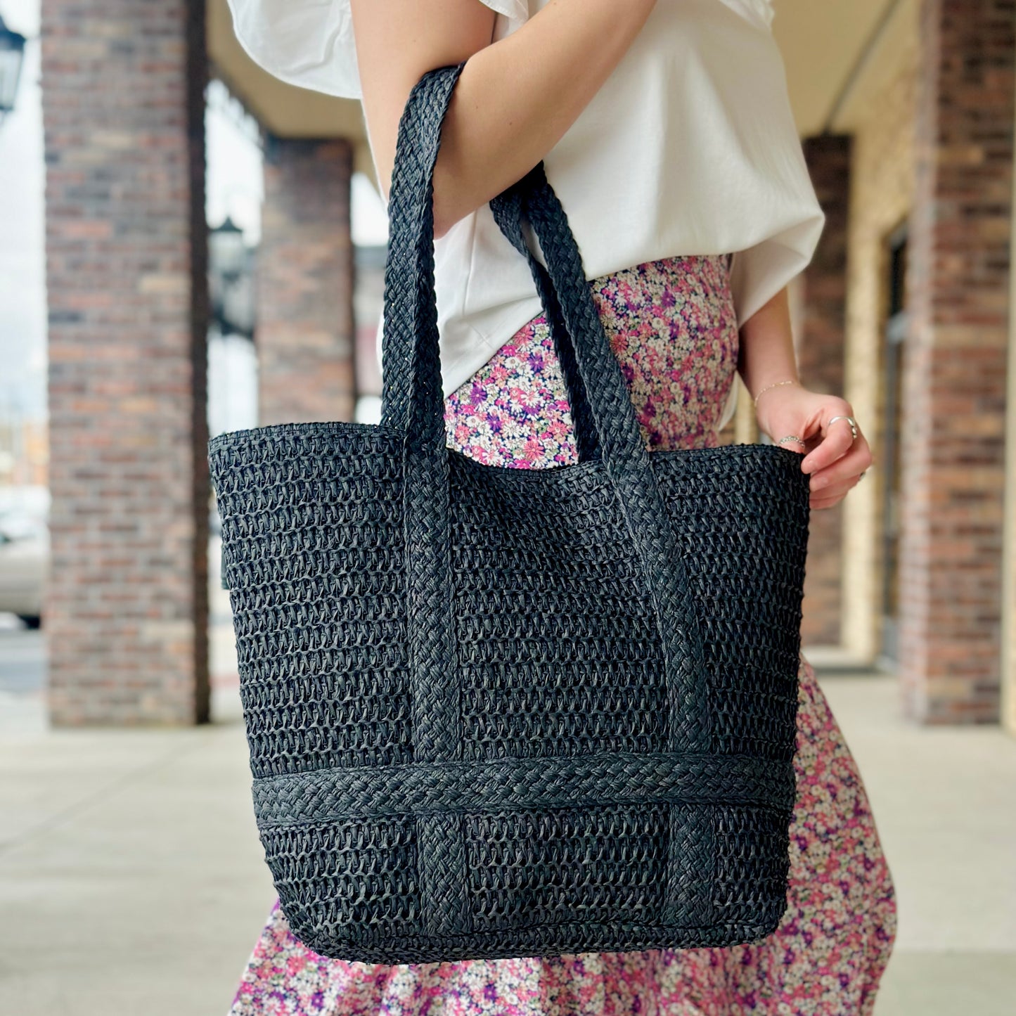 Black Straw Tote Bag