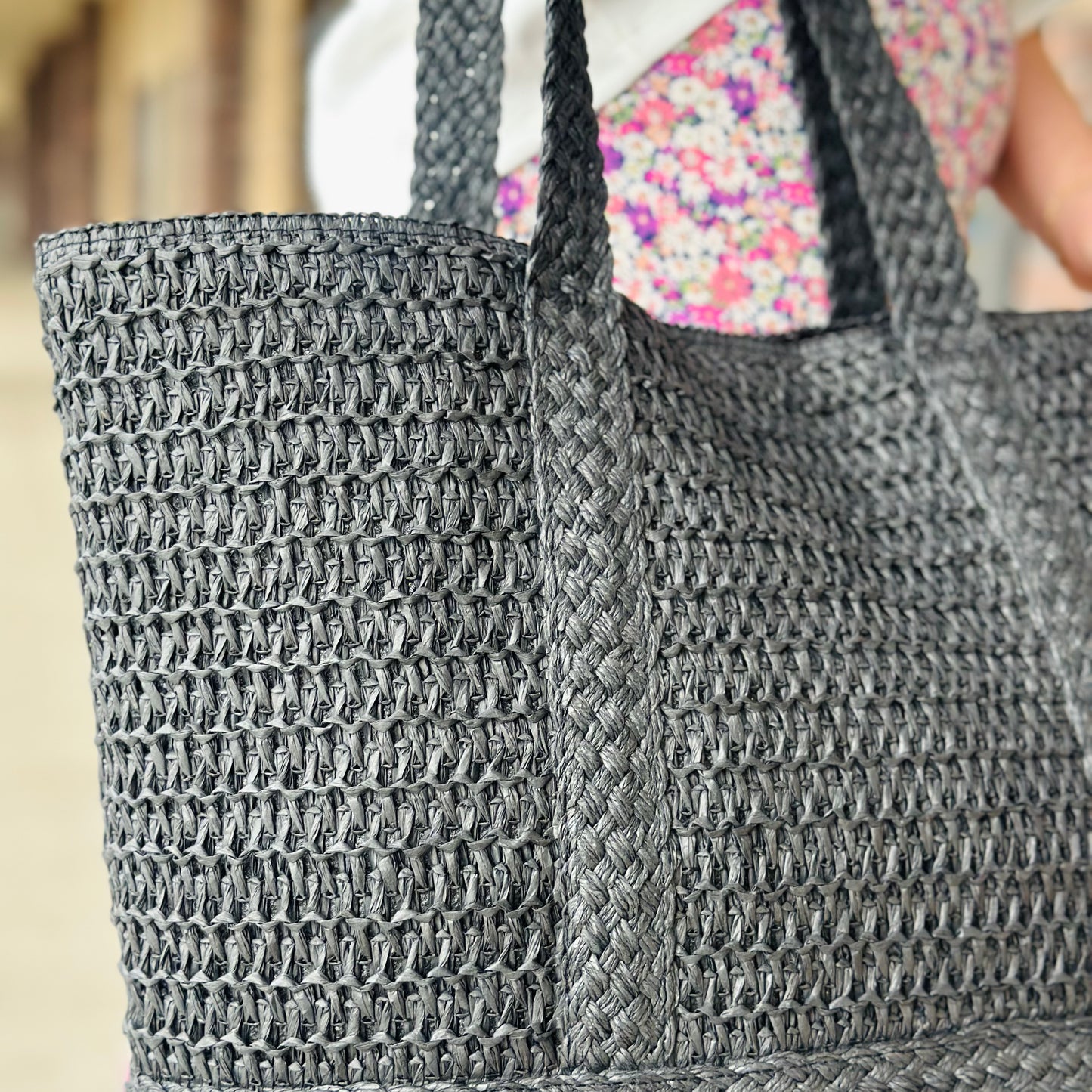 Black Straw Tote Bag