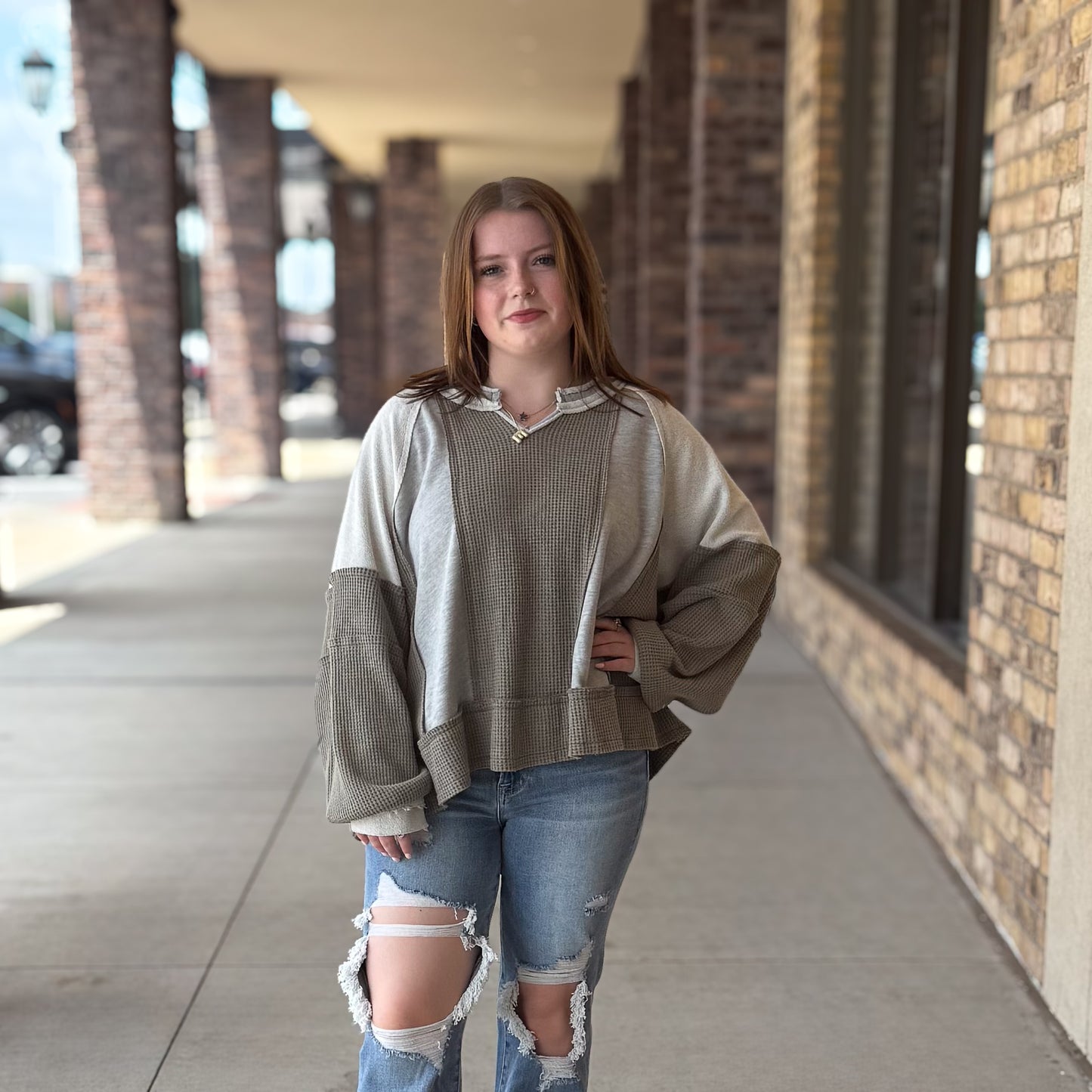 POL Oversized Thermal Accent Top-Grey
