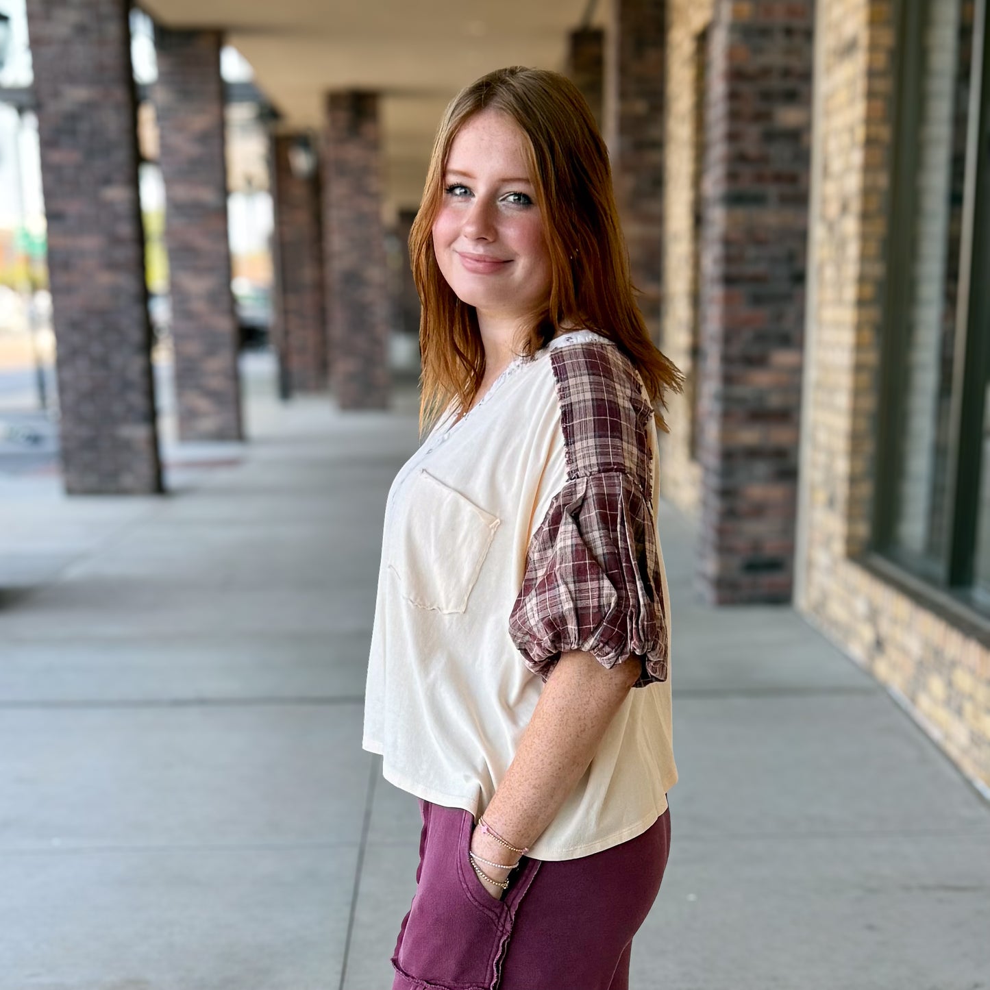 Fall Plaid Puff Sleeve Top