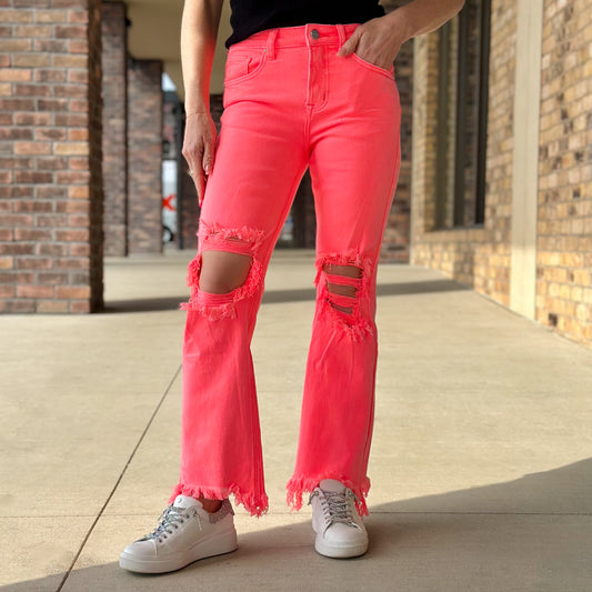 Risen High Rise Distressed Coral Straight Pant