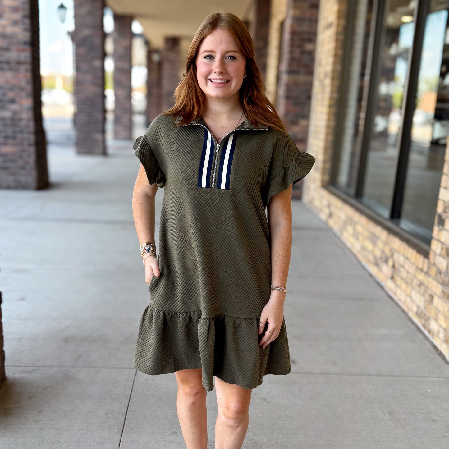 Olived Ribbed Ruffle Sleeve Dress
