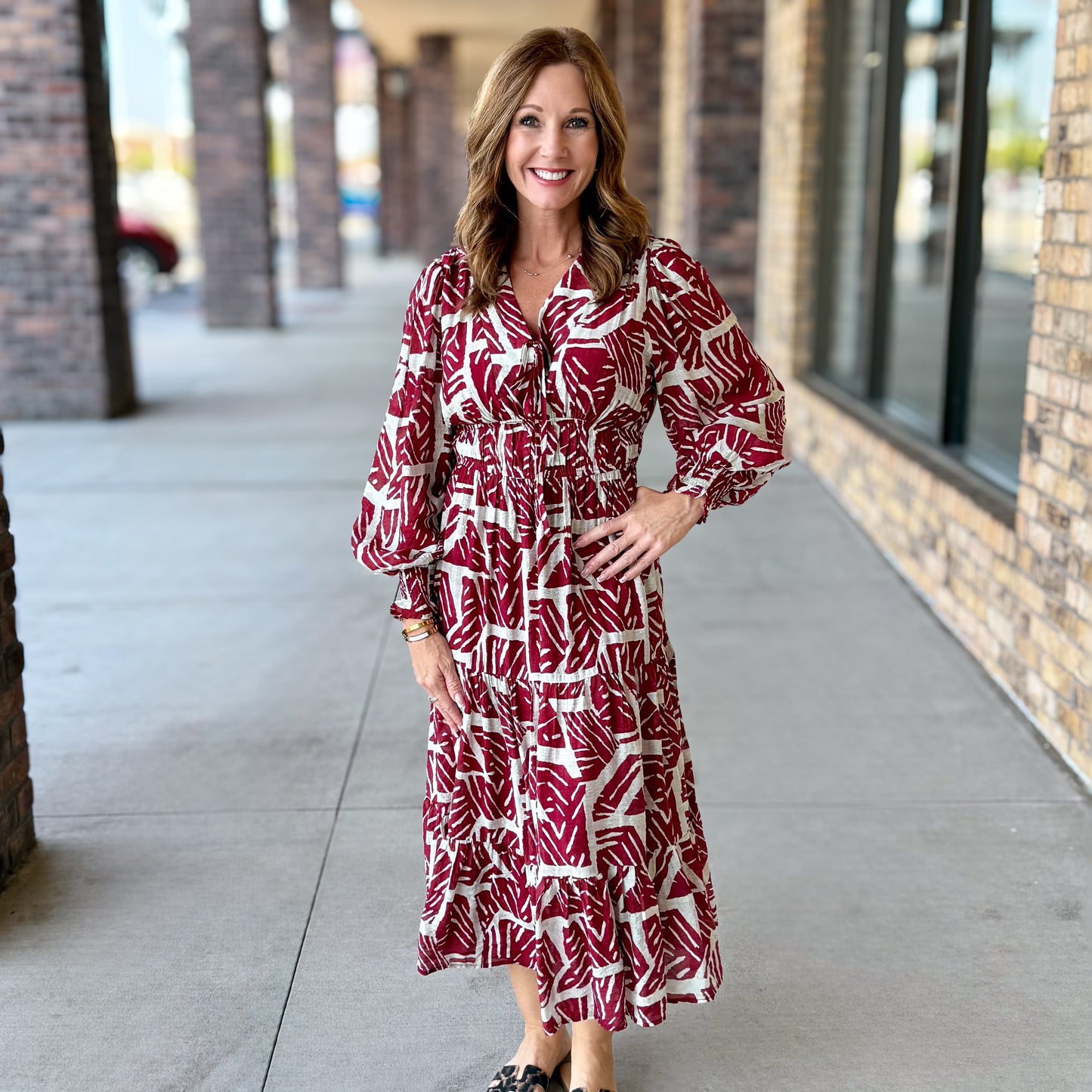 Red Printed Double Tier Midi Dress