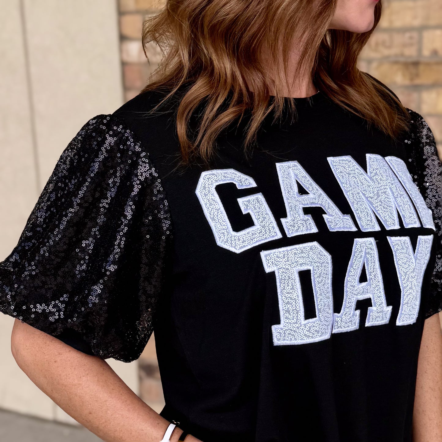 Game Day Sequin Bubble Sleeve Top-Black