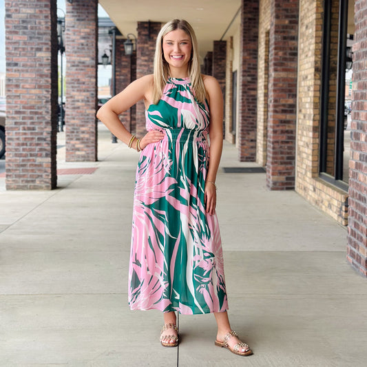 On The Coast Green and Pink Halter Dress