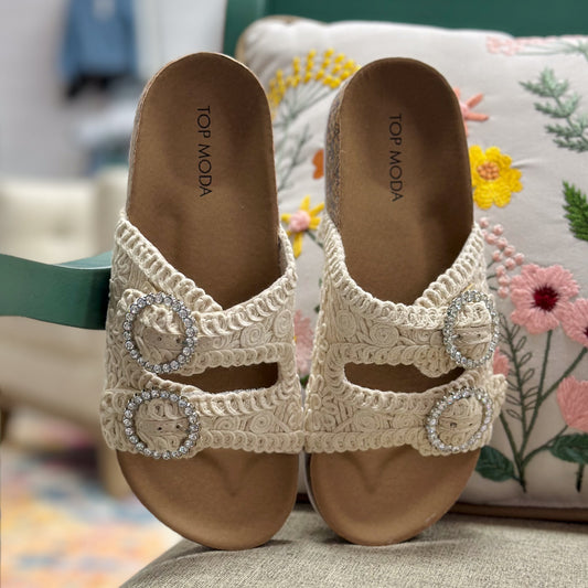 Mars Knitted Beige Sandals with Rhinestone Accents