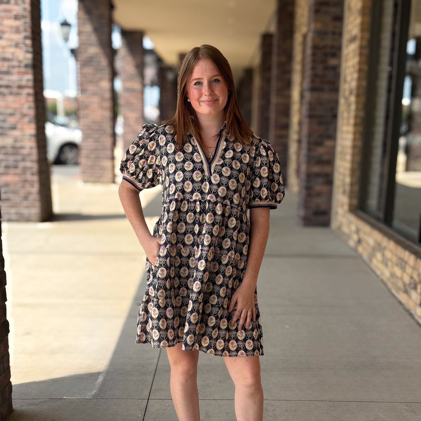 Navy Puff Sleeve Tiered Dress
