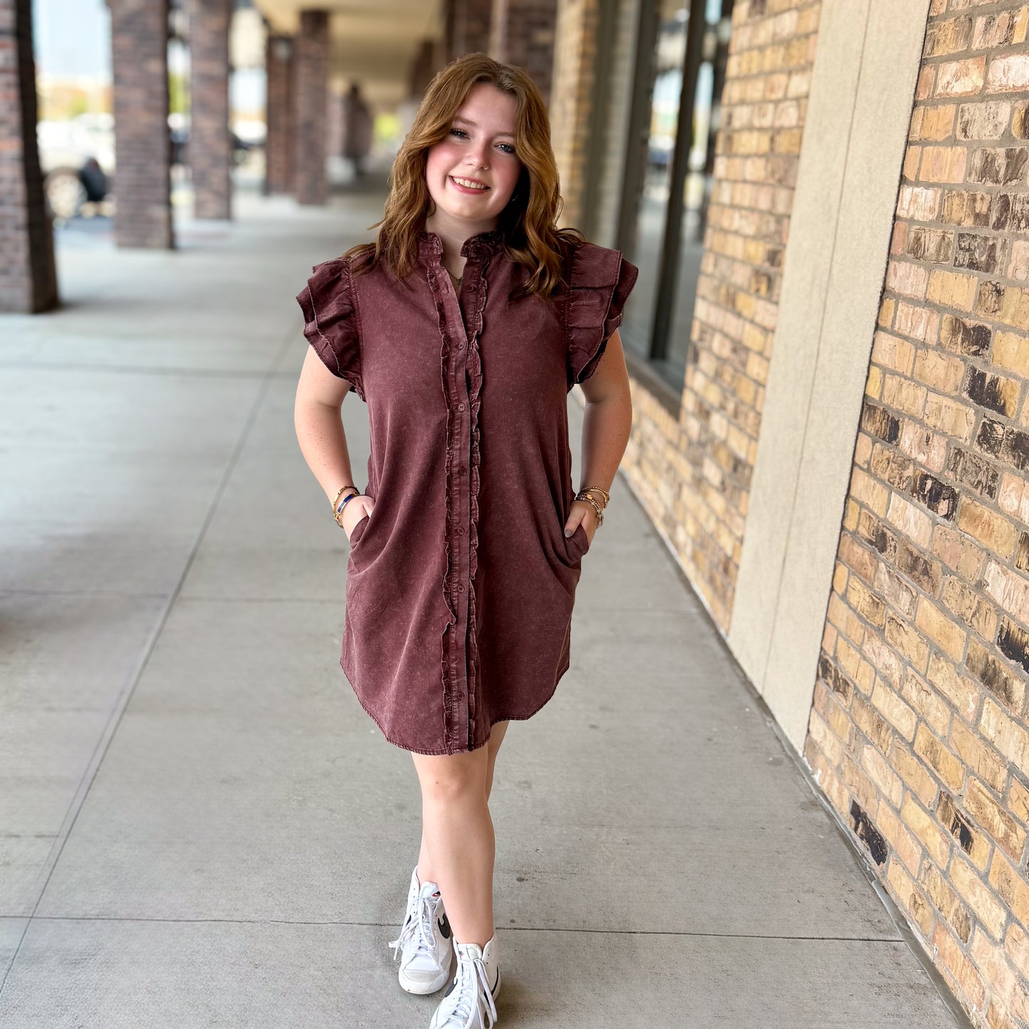 Wine Washed Ruffle Sleeve Dress
