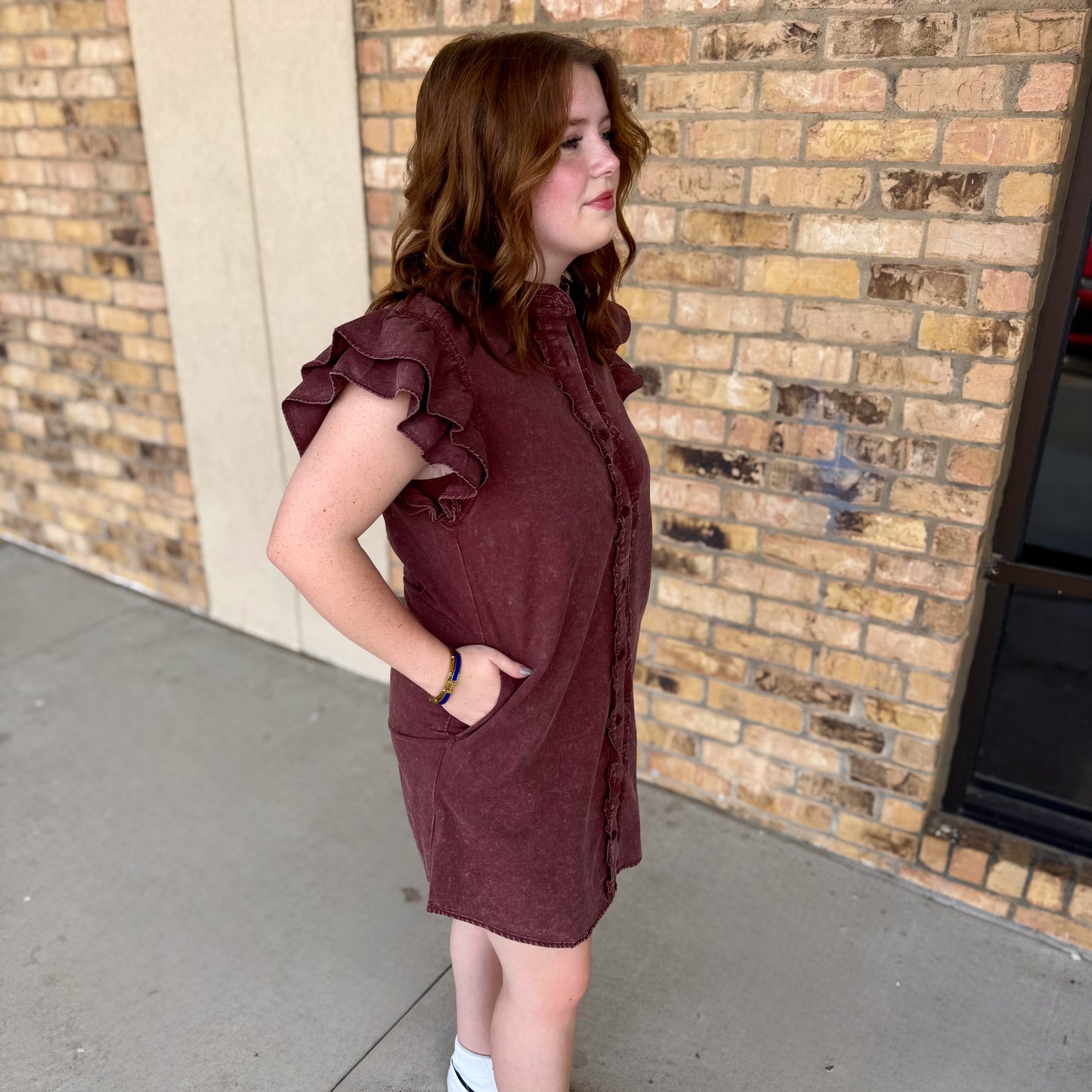 Wine Washed Ruffle Sleeve Dress