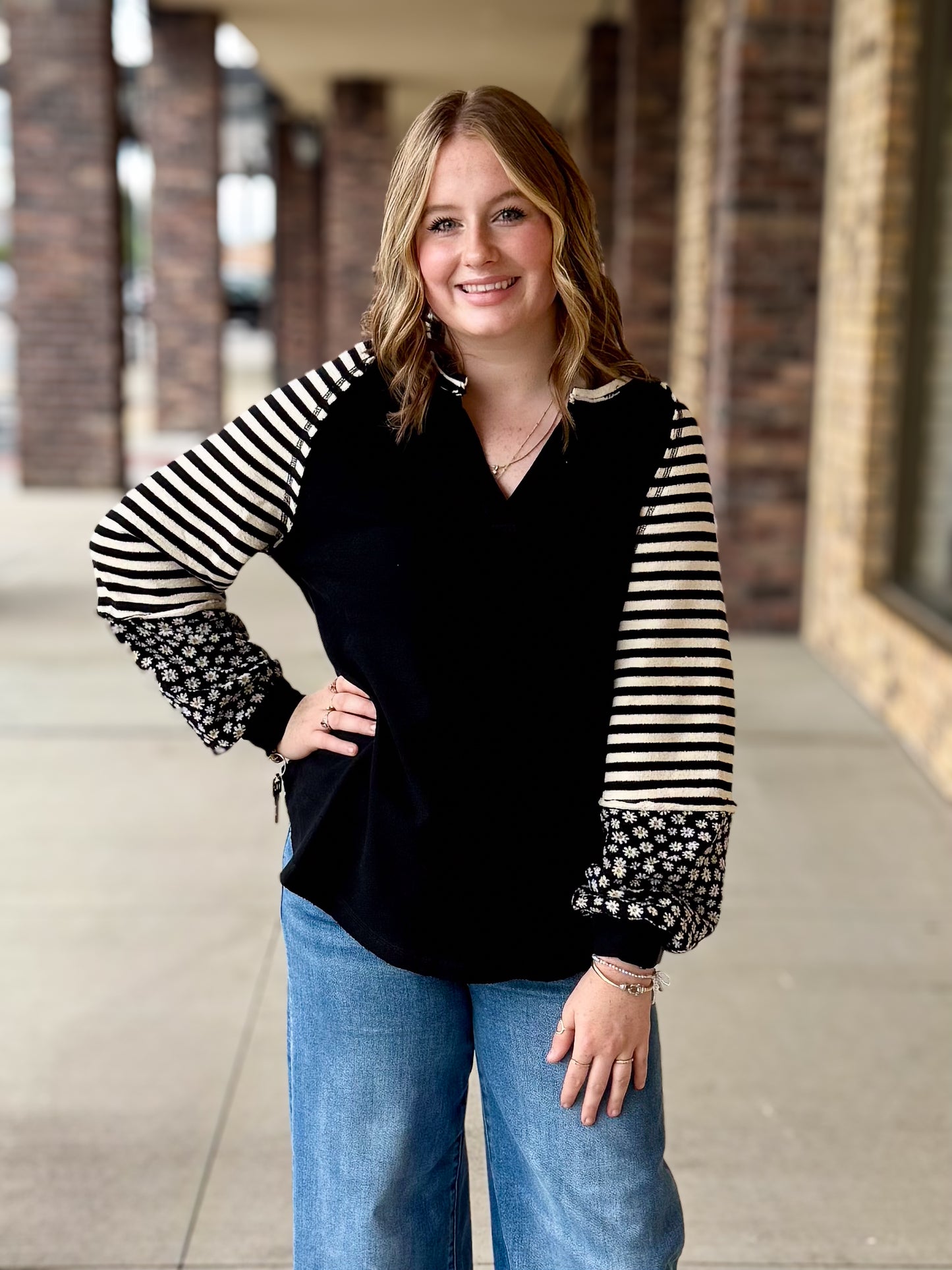 Black & White Floral Accent Long Sleeve Top