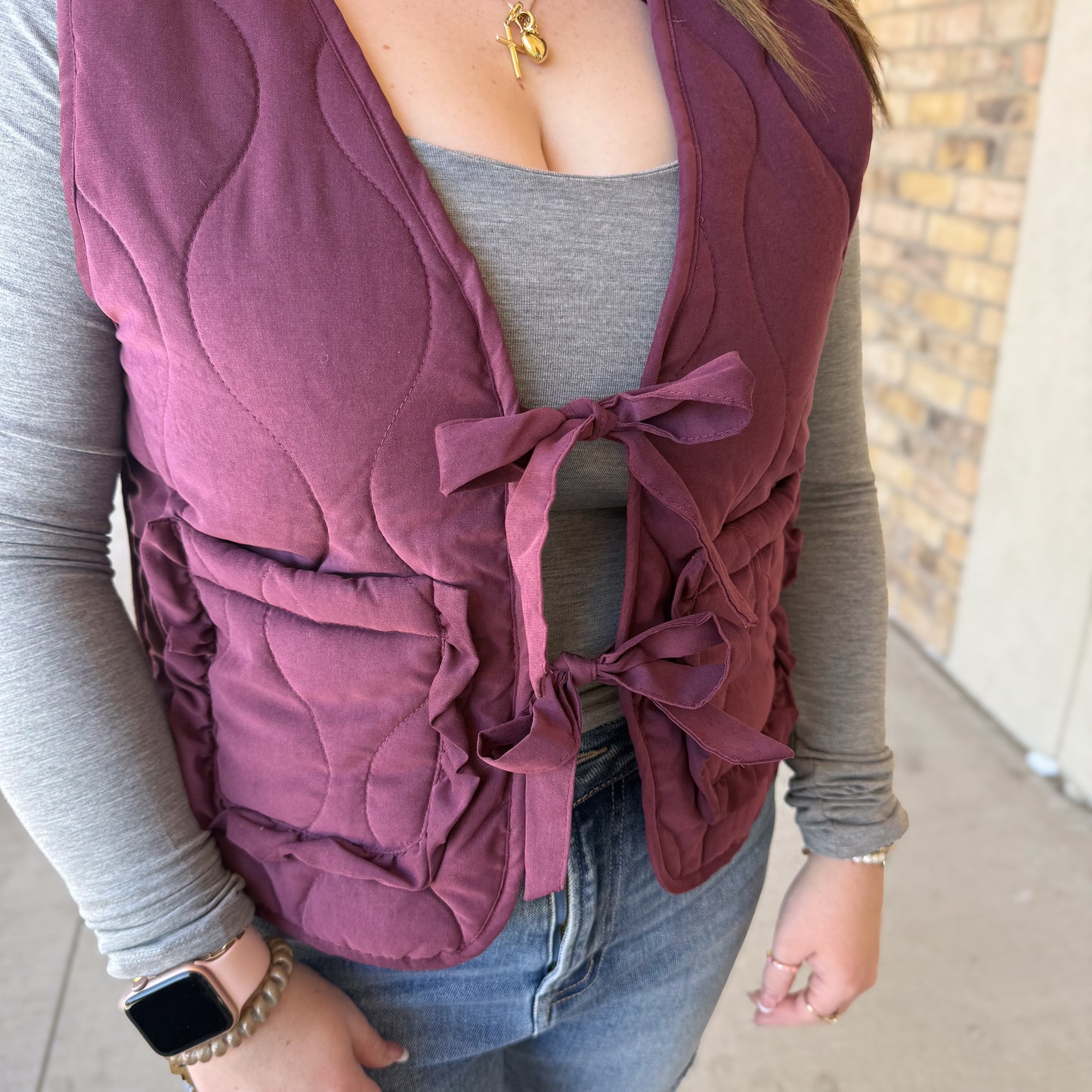 Quilted Vest With Tie-front And Patch Pockets