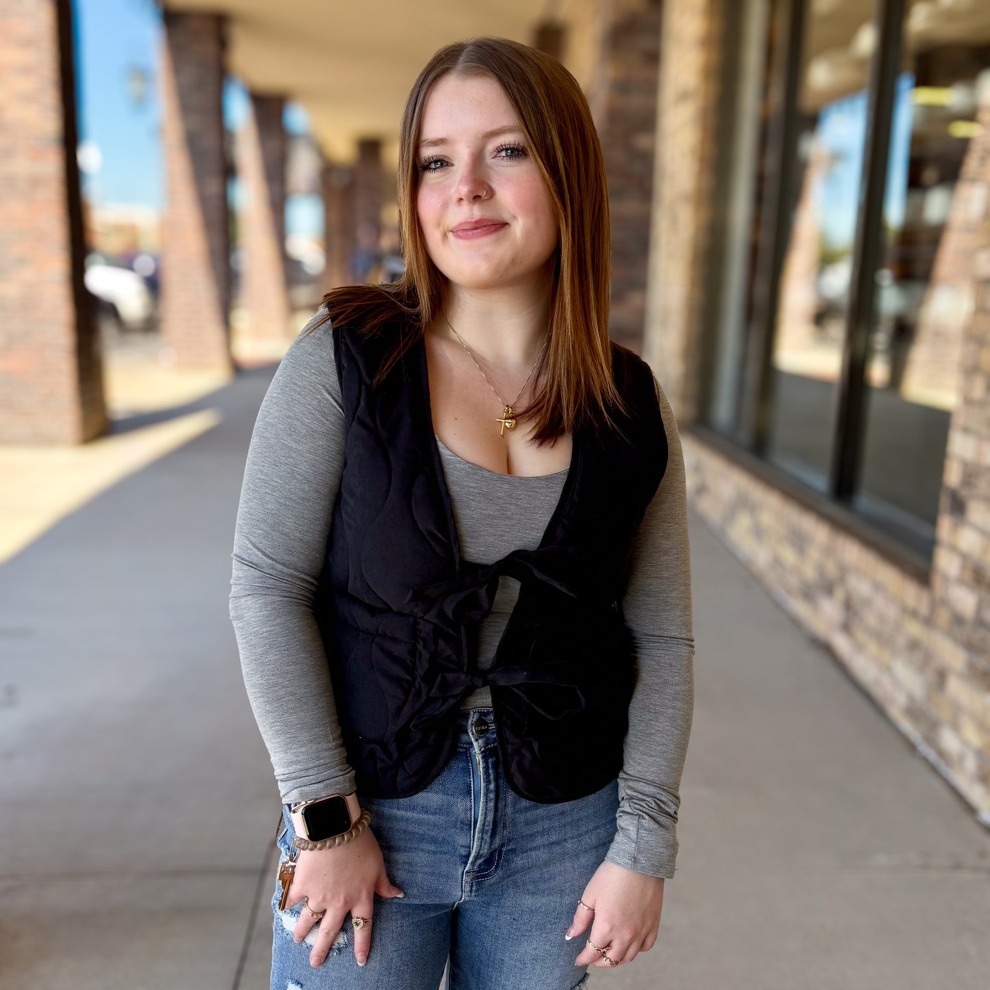 Quilted Vest With Tie-front And Patch Pockets