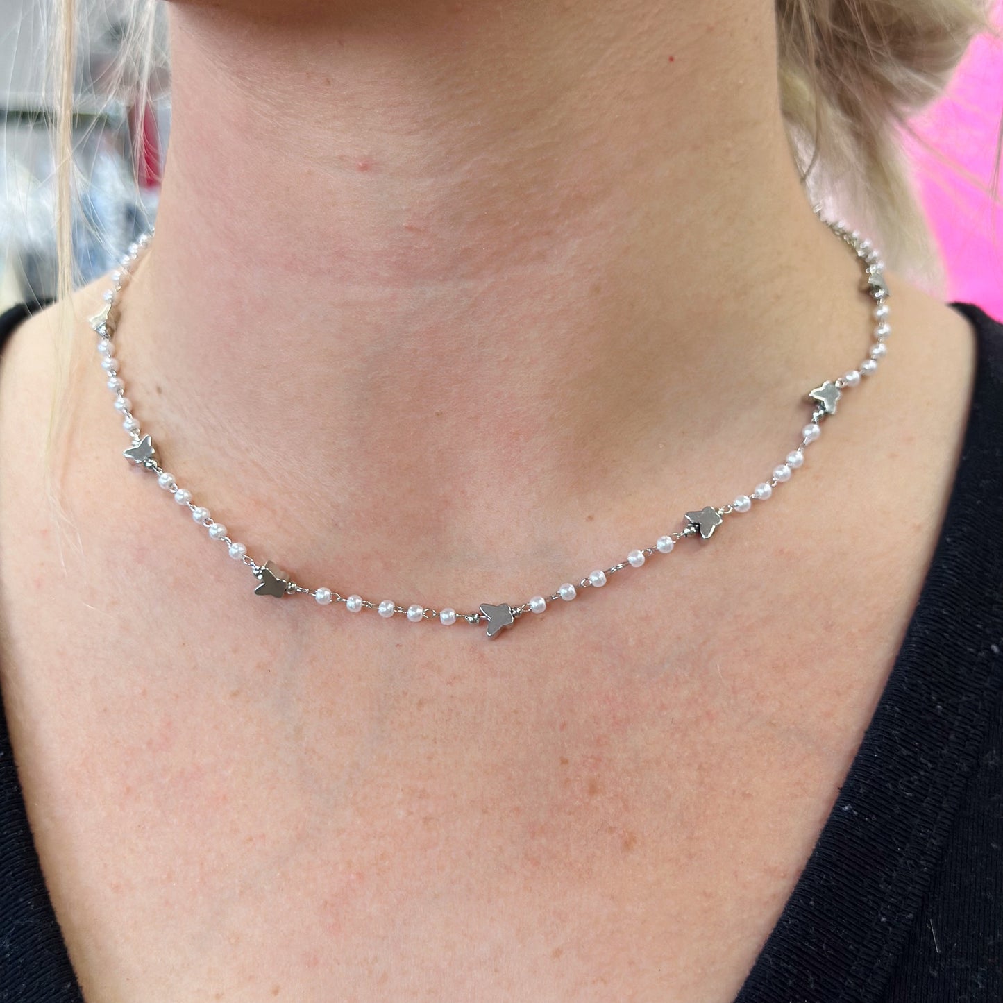 Pearl and Silver Butterfly Choker