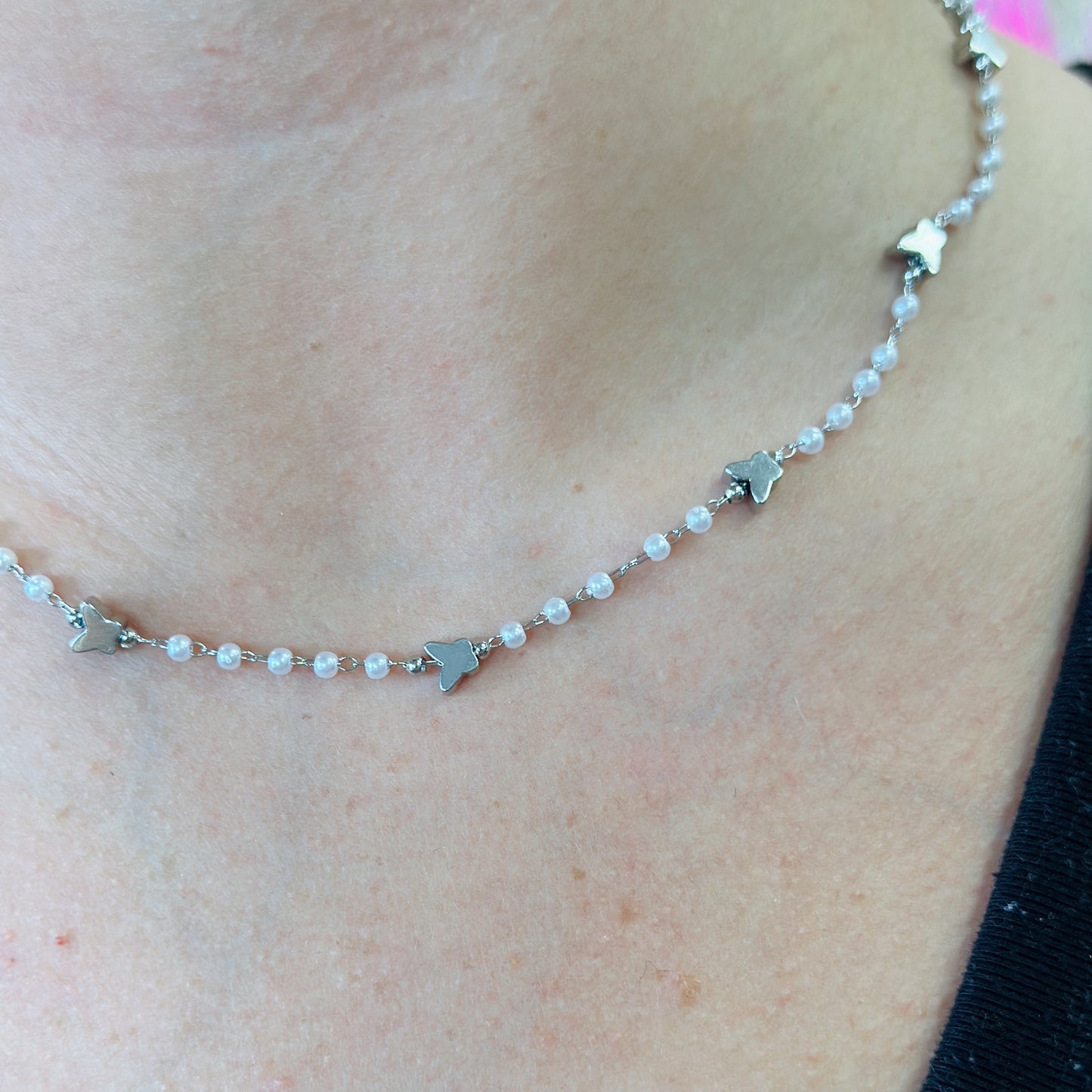 Pearl and Silver Butterfly Choker