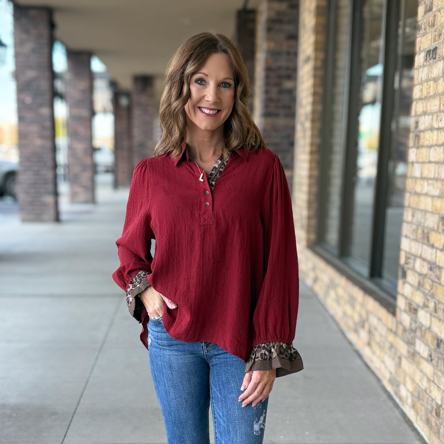 Leopard Accent Long Sleeve Blouse