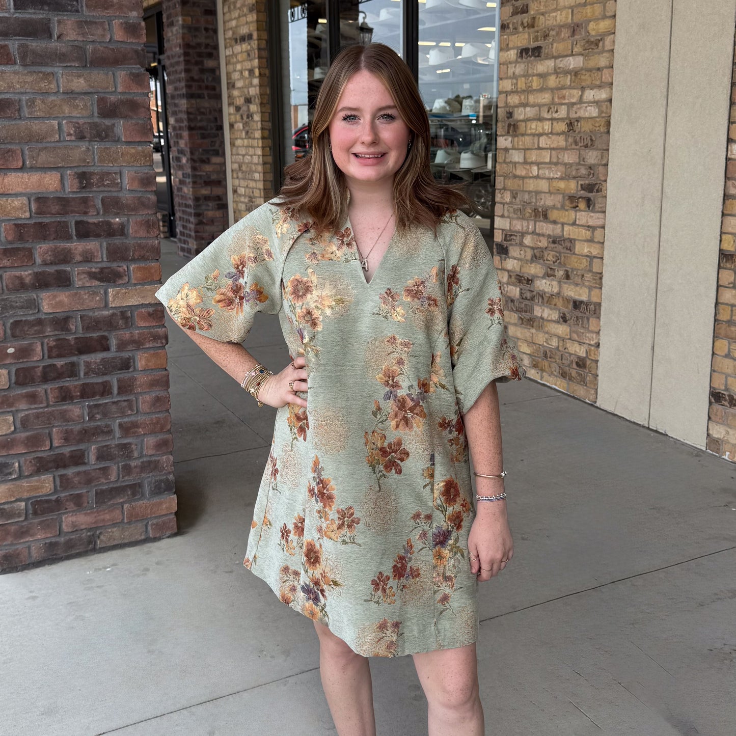 Floral Jacquard Shift Dress with Puff Sleeves