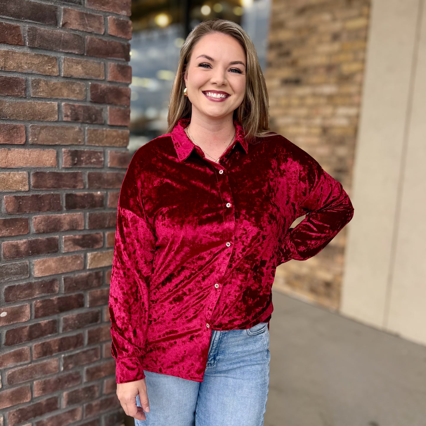 Christmas Velvet Button Down Top