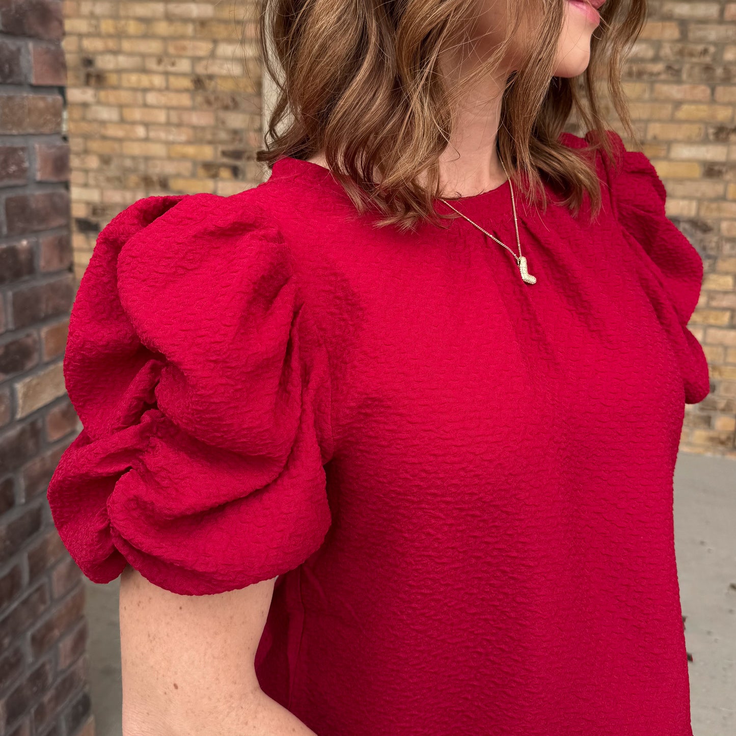 Christmas Red Ruched Puff Sleeve Textured Blouse