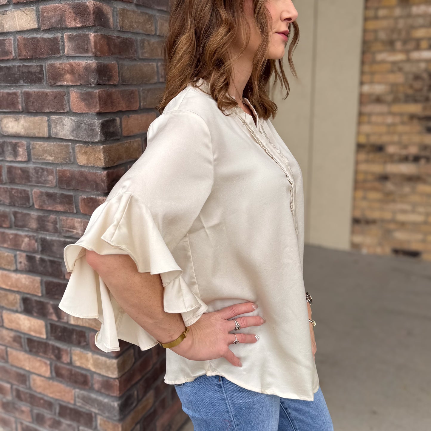 Champagne Ruffled Bell Sleeve Top
