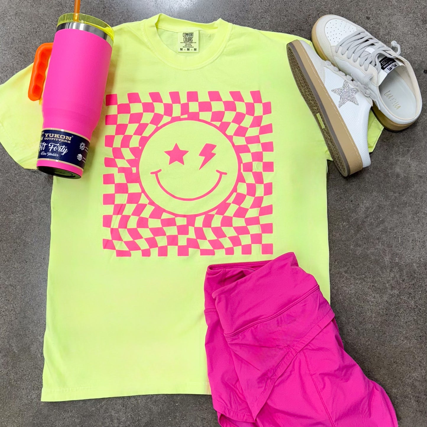 Neon Electric Checkered Smiley Tee