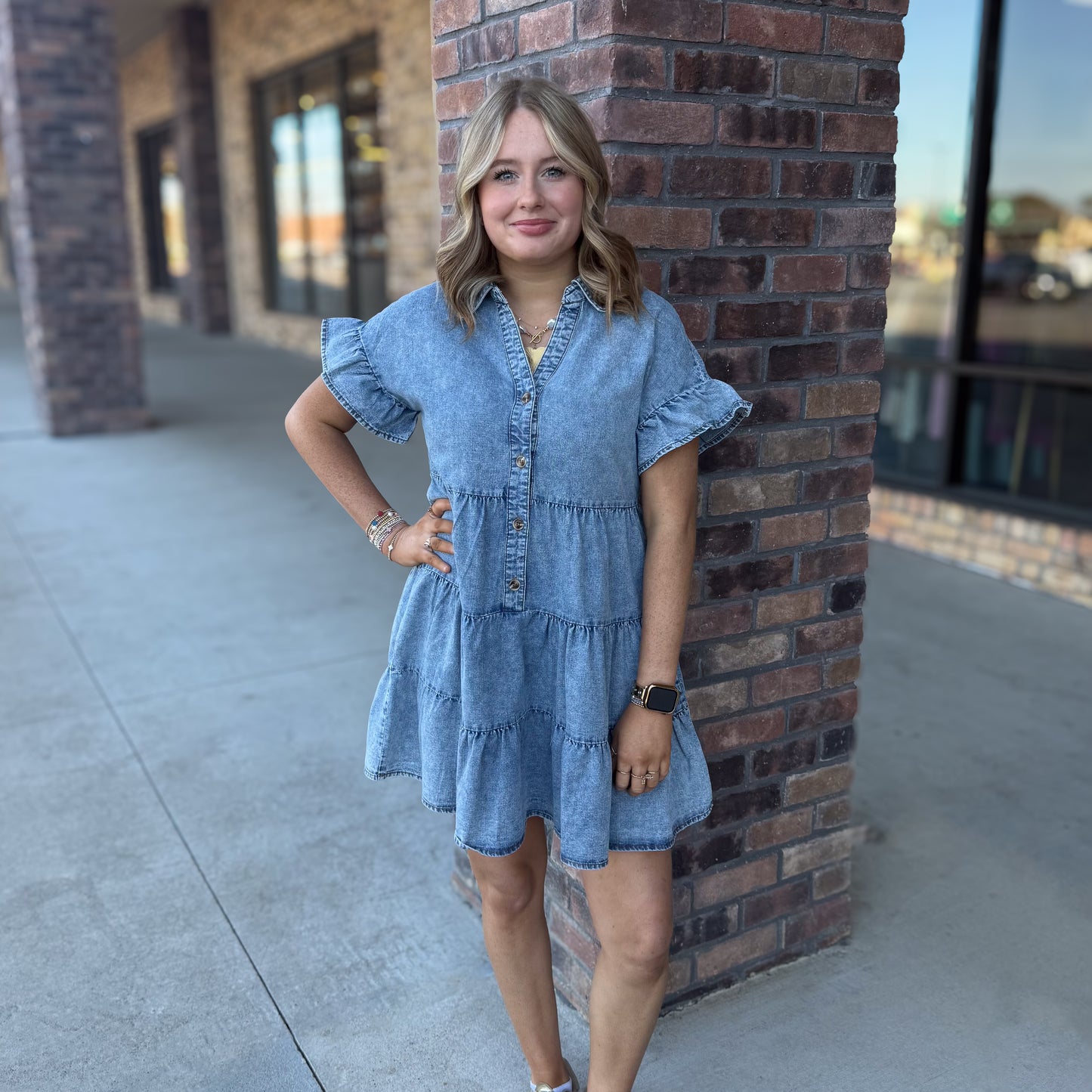 Mineral Wash Ruffle Chambray Dress